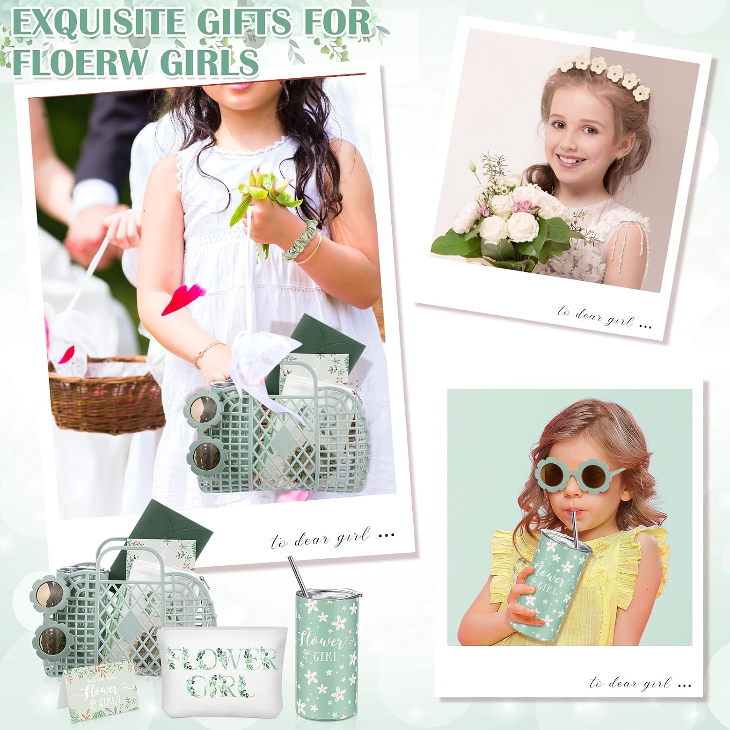 10 Pcs Flower Girl Jelly Basket Set Flower Girl Tumbler Sunglasses Makeup Bag Hair Scrunchies Clip Proposal Card with Pen Envelope Plastic Handbag for Wedding Bridal Shower (Green)