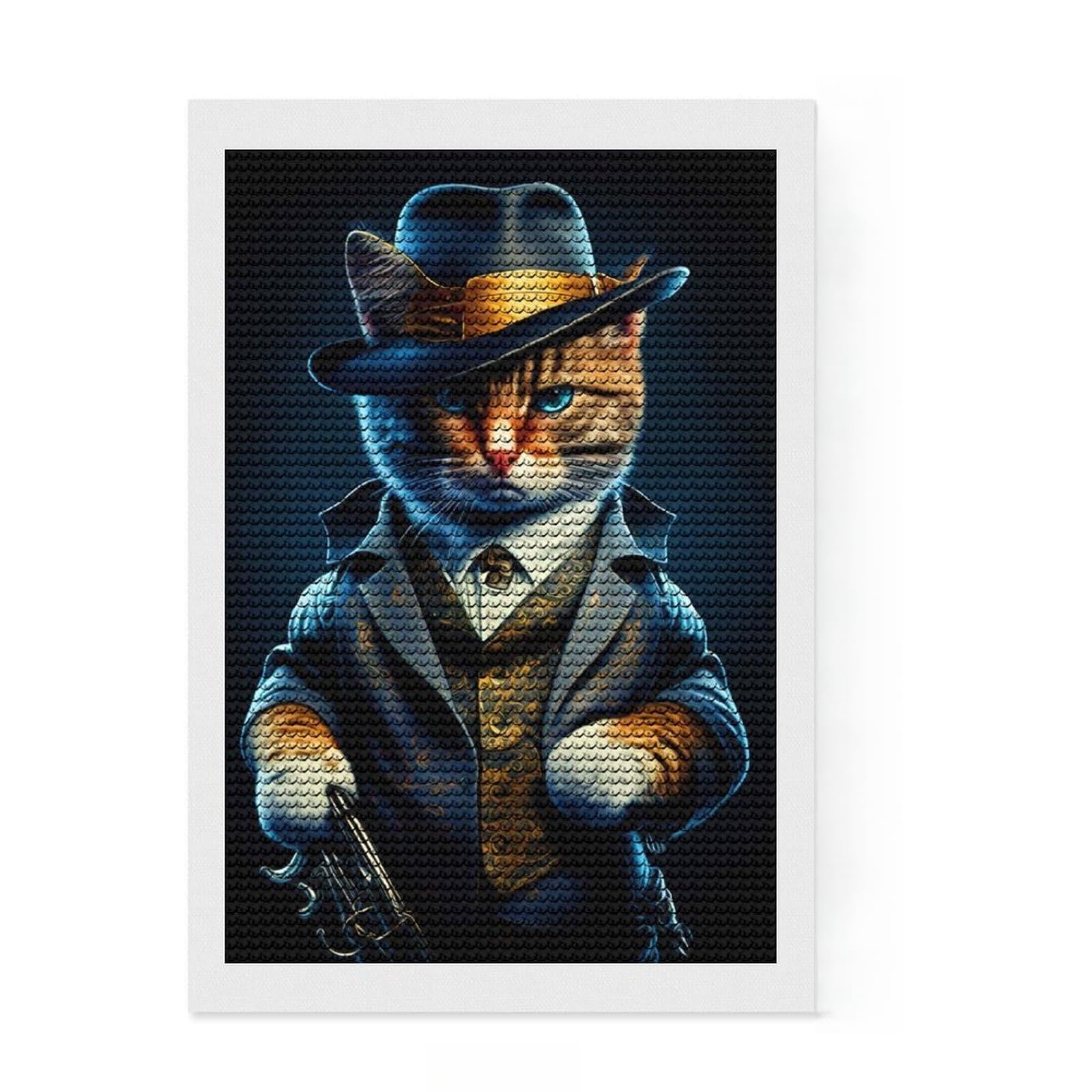 Junmoney Mafia Cat Diamond Painting Kit 8"x12", Relaxing DIY Hobby, Neat Printed Canvas, Home Wall Decor, Thoughtful Handmade Gift