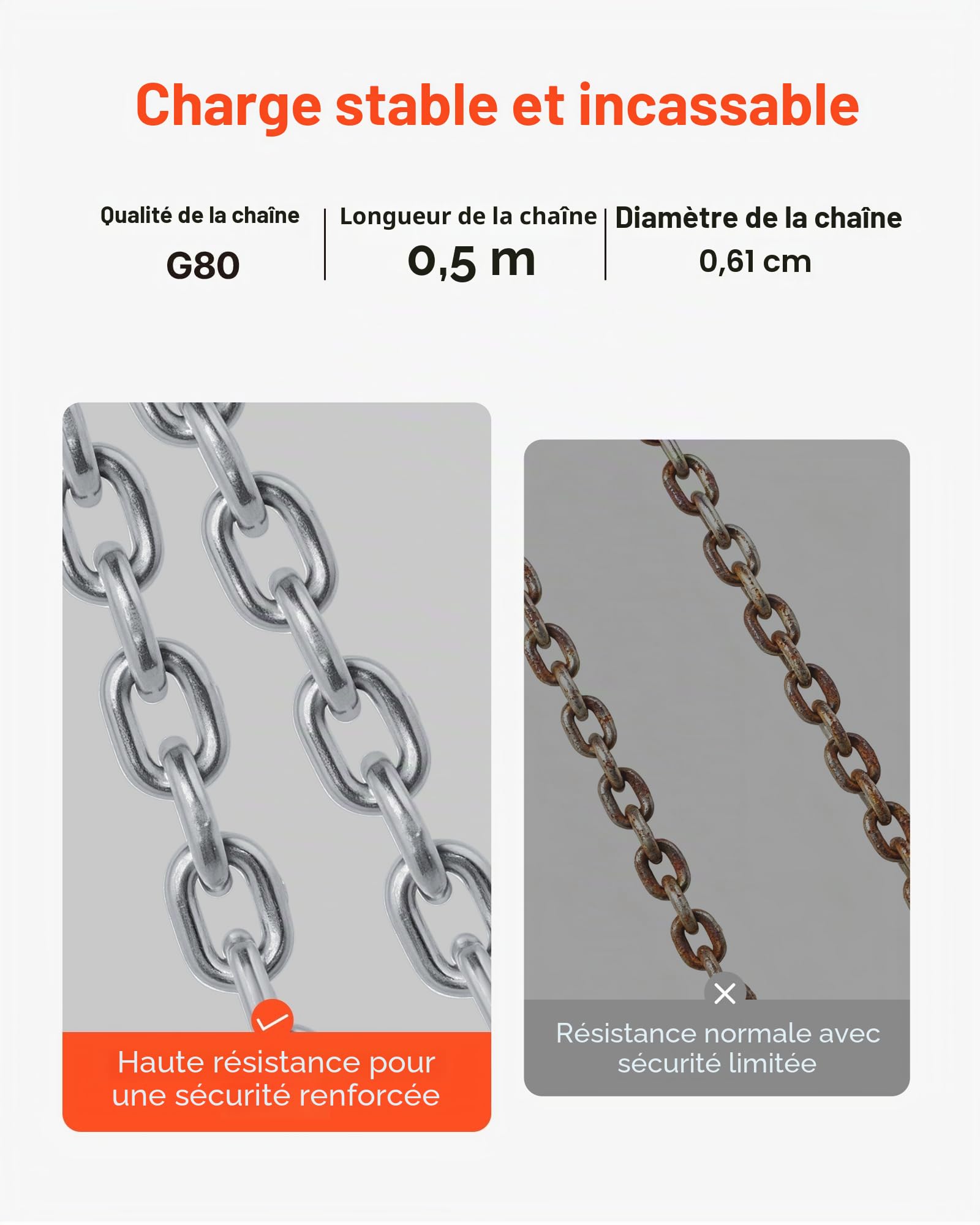 VEVOR Élingue Chaîne Levage de Fûts à 2 Brins avec Crochets de Sécurité, 6 mm x 54 cm, Capacité de Charge 1 t, Chaîne de Levage Robuste G80, pour Chantier de Construction, Usines, Entrepôts, Quais