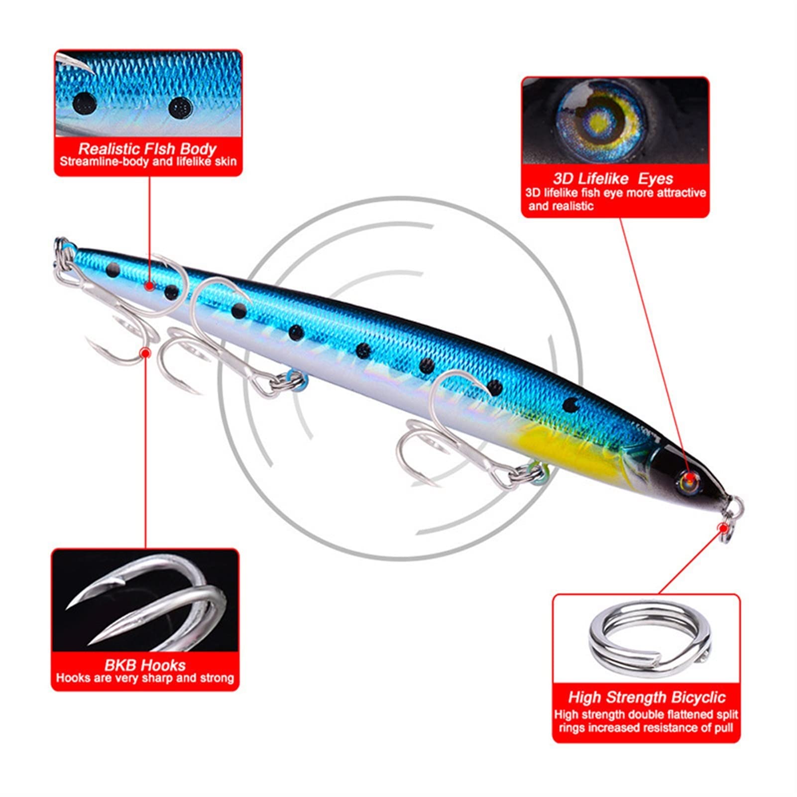 10 Stück 128mm 21,5g Bass-Bleistift-Köder mit Diskanthaken Sinkende bionische Schwimmköder Köder für Barschfischen Kunststoff naturgetreuer Harter Köder Popper-Köder für Angelbegeisterte