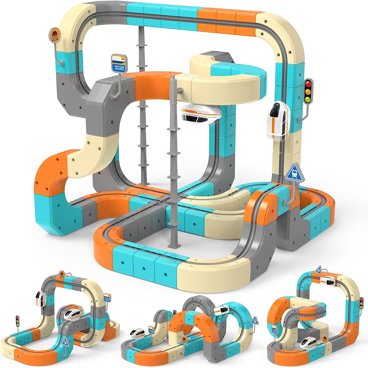 Juego de tren eléctrico de 124 piezas, pista de carreras flexible 3D para niños de 3 4 5 6 7 8 años, juguetes de construcción de rieles que desafían la gravedad con 2 trenes recargables, juguete de aprendizaje STEM regalo de cumpleaños