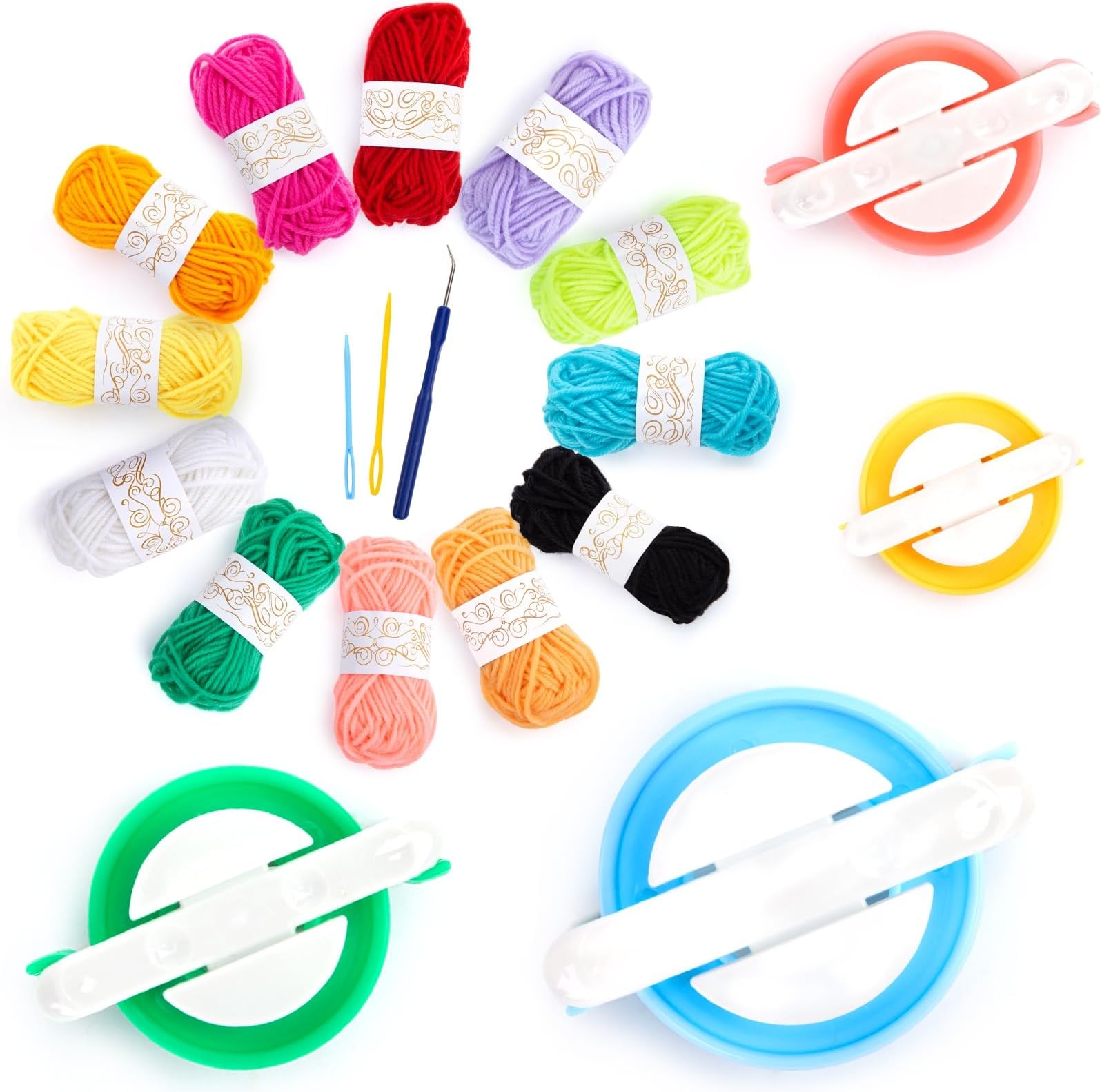 VGOODALL 16pcs Pom Pom Maker Kit, 4pcs Different Size Pom Pom Makers with Colorful Skein Acrylic Yarns, Fluff Ball Weaver Kit Wool Knitting Craft Tool Set for Kids Adults Beginners DIY Decoration