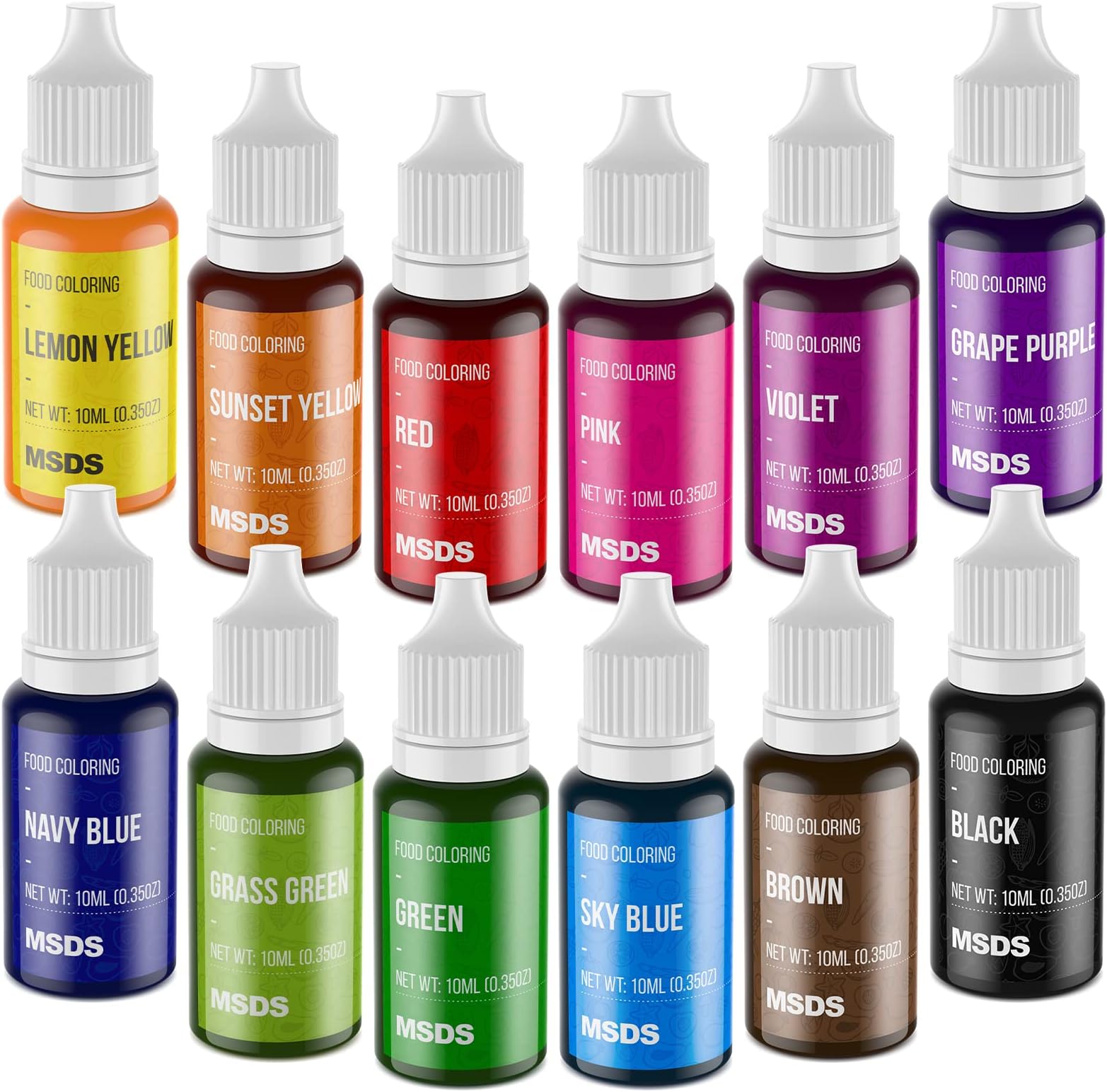Food Coloring Set - 12 Color Food Grade Vibrant Food Dye Tasteless Liquid Color for Cake Decorating, Baking, Easter Egg, Icing, Fondant, Cooking, Slime Making DIY Supplies Kit - 0.35 Fl. oz (10 ml