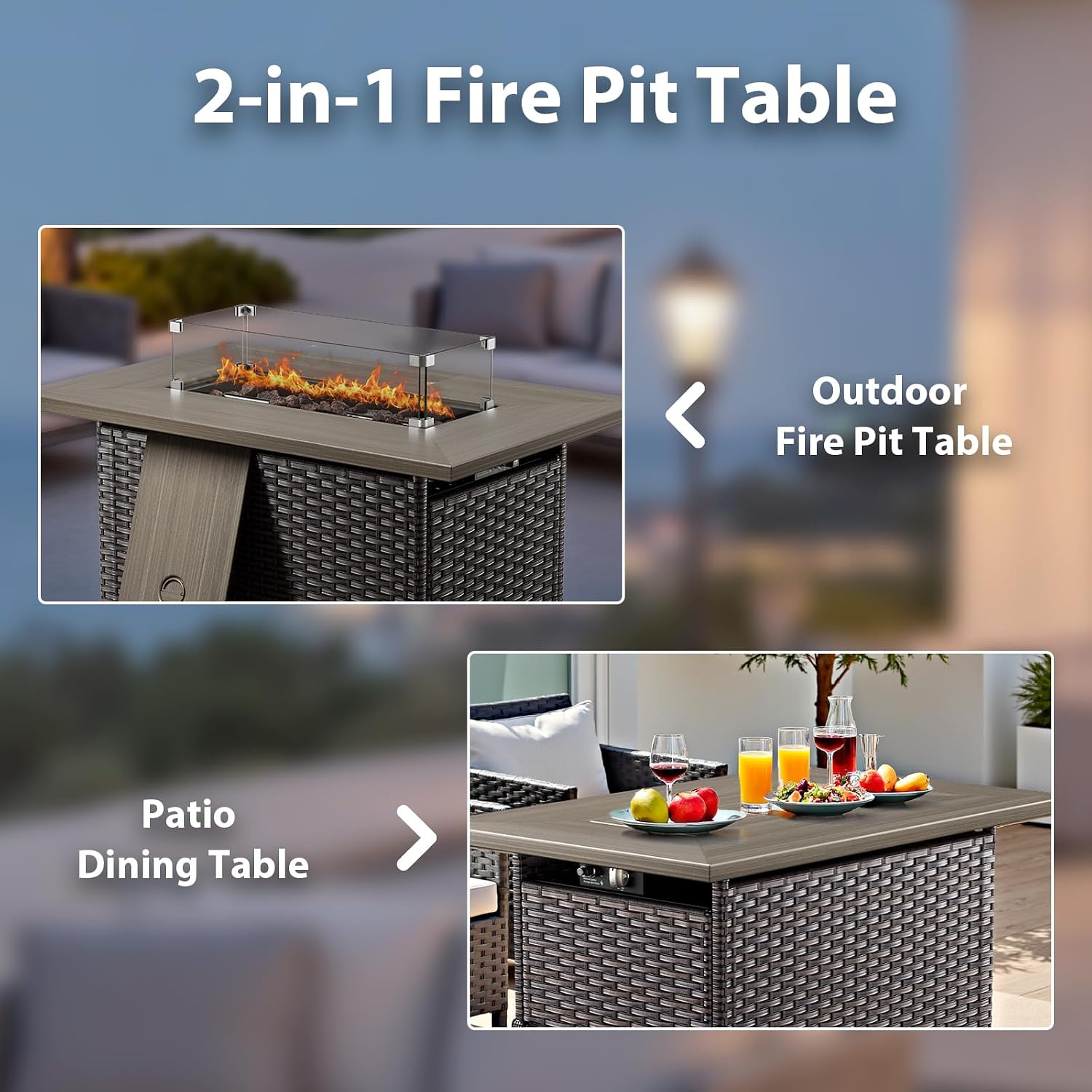 Luxury High Back Patio Furniture Set with Fire Pit Table and 6-Inch Thick Cushions, 5-Pieces Outdoor Furniture w/ 4 Swivel Chairs, Wicker Conversation Set for Porch, Balcony, Deck and Yard, Grey