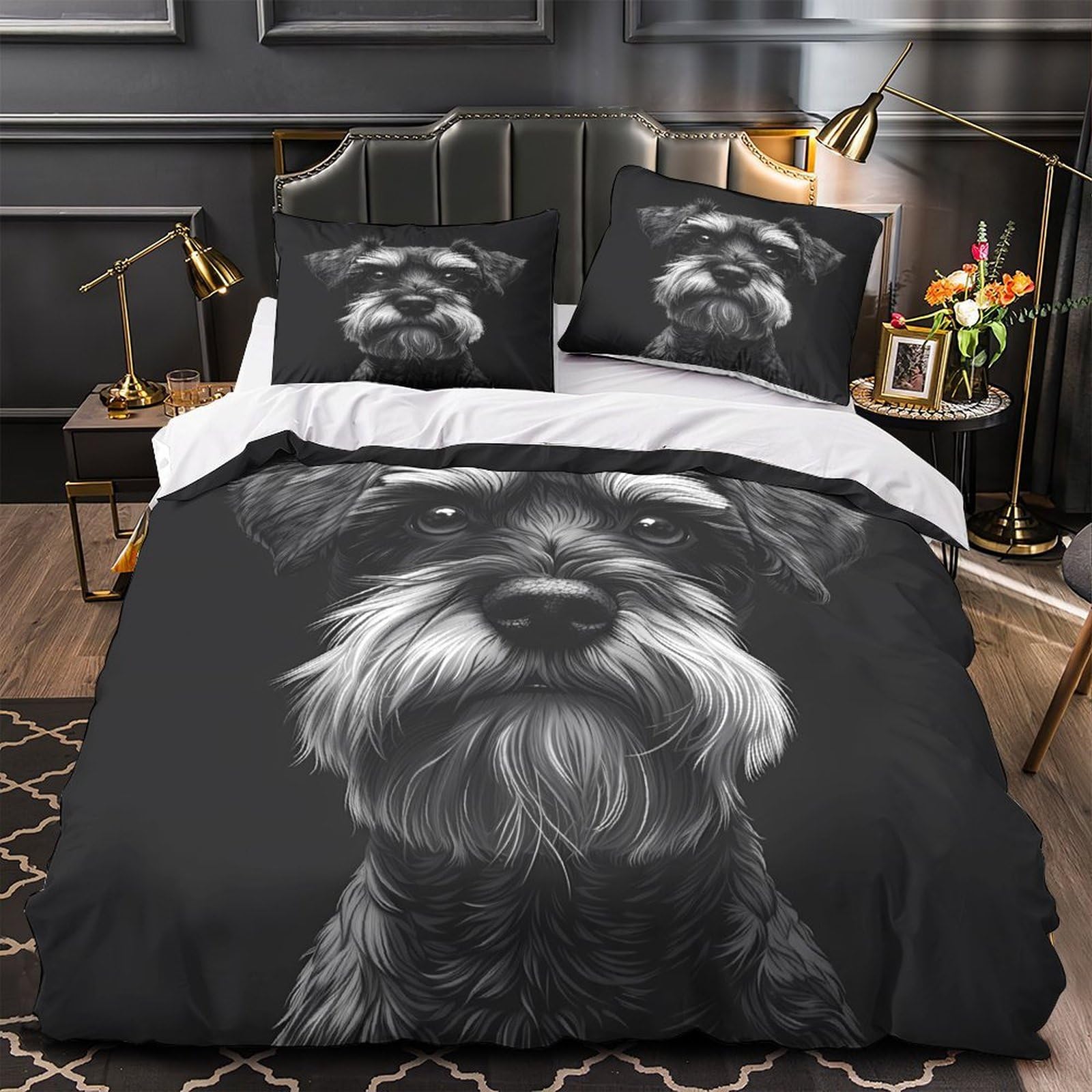 Housse de couette 3D Schnauzer literie microfibre 200x200 avec taies d'oreiller lit double ado