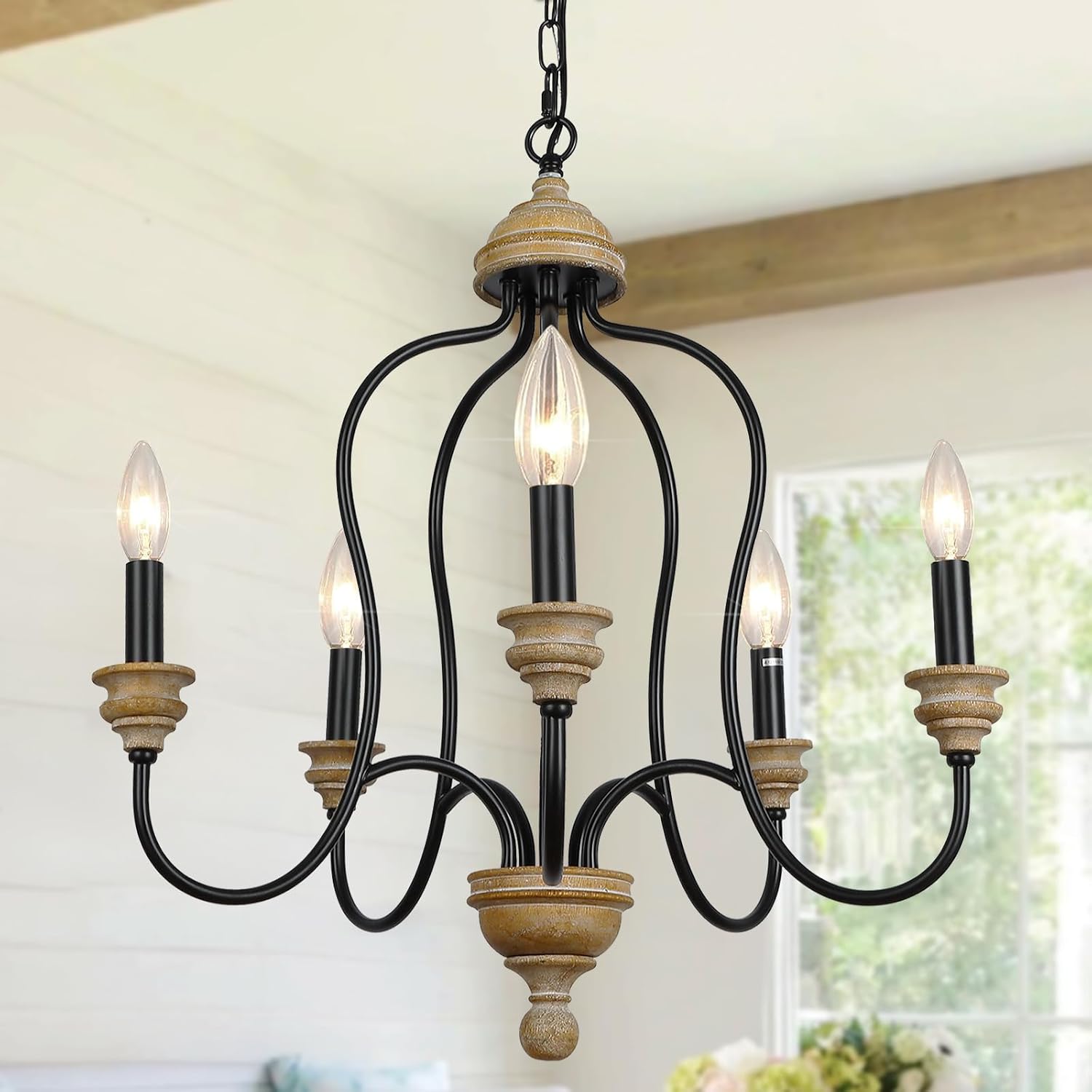 20.4" Black Modern Vintage Farmhouse wood Chandelier for Dining Room 5-Light Distressed Candle Chandelier Rustic French Country wooden Chandeliers for Bedroom, Living Room, Kitchen, Entryway