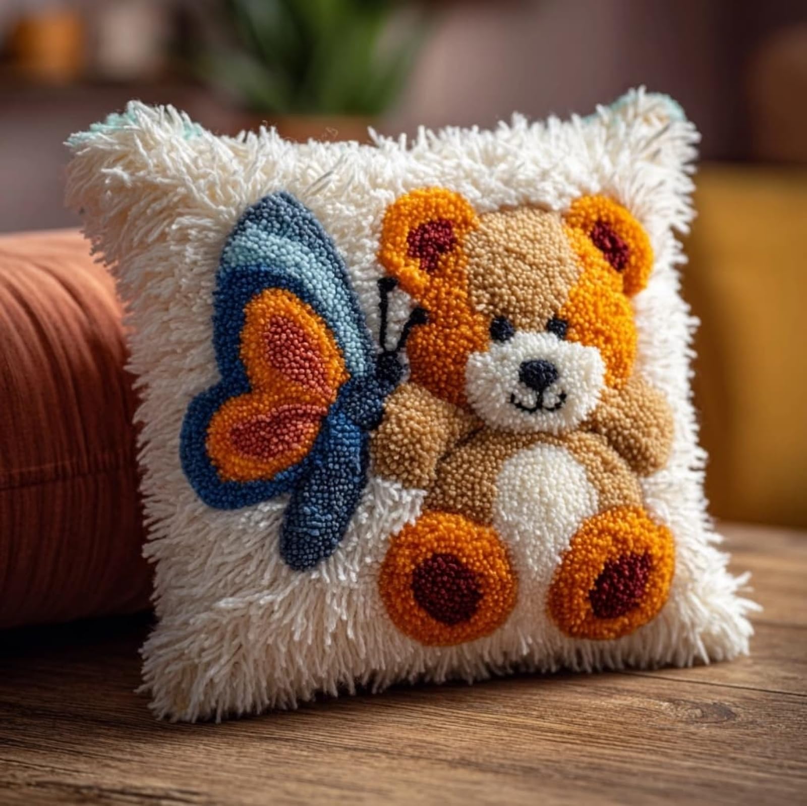AxiangziK Handmade Latch Hook Cushion Kit 17x17 Inch,Hamsters and Butterflies Complete DIY Pillow Making Kit for Home Decor - Bedroom Throw Pillow Craft Gift