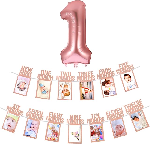Dacitiery 1st Birthday Baby Photo Banner with NO. 1 Rose Gold Balloon, Monthly Milestone Photograph Bunting Garland for Newborn 1 to 12 Months Bithday Party Decorations Supplies