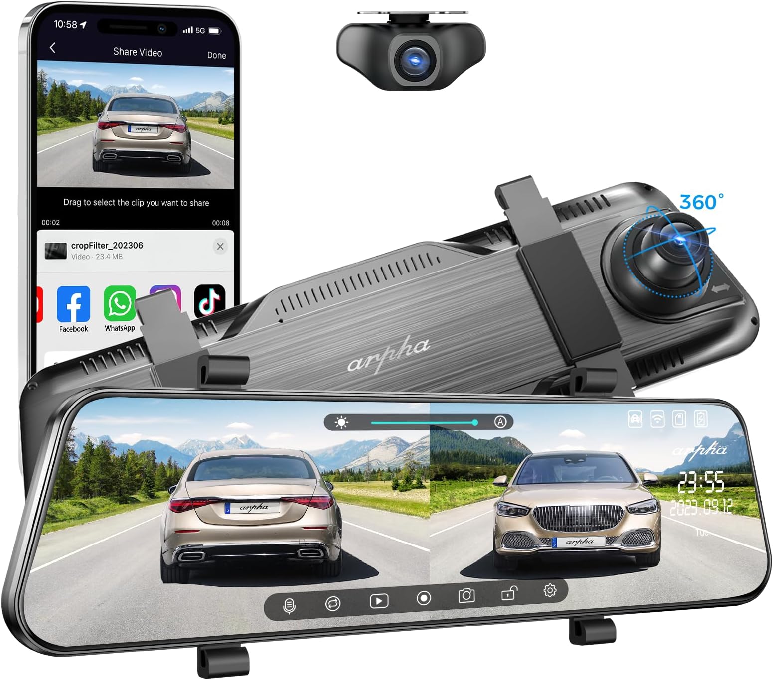 E21 Mirror Dash Cam with WiFi, 10'' Rear View Mirror Full Touch Screen Camera, Dash Cam Front 1080P and Rear 720P, Loop Recording 24H Parking Mode, WDR, Easy to Install, Max Up Suppor to 128GB