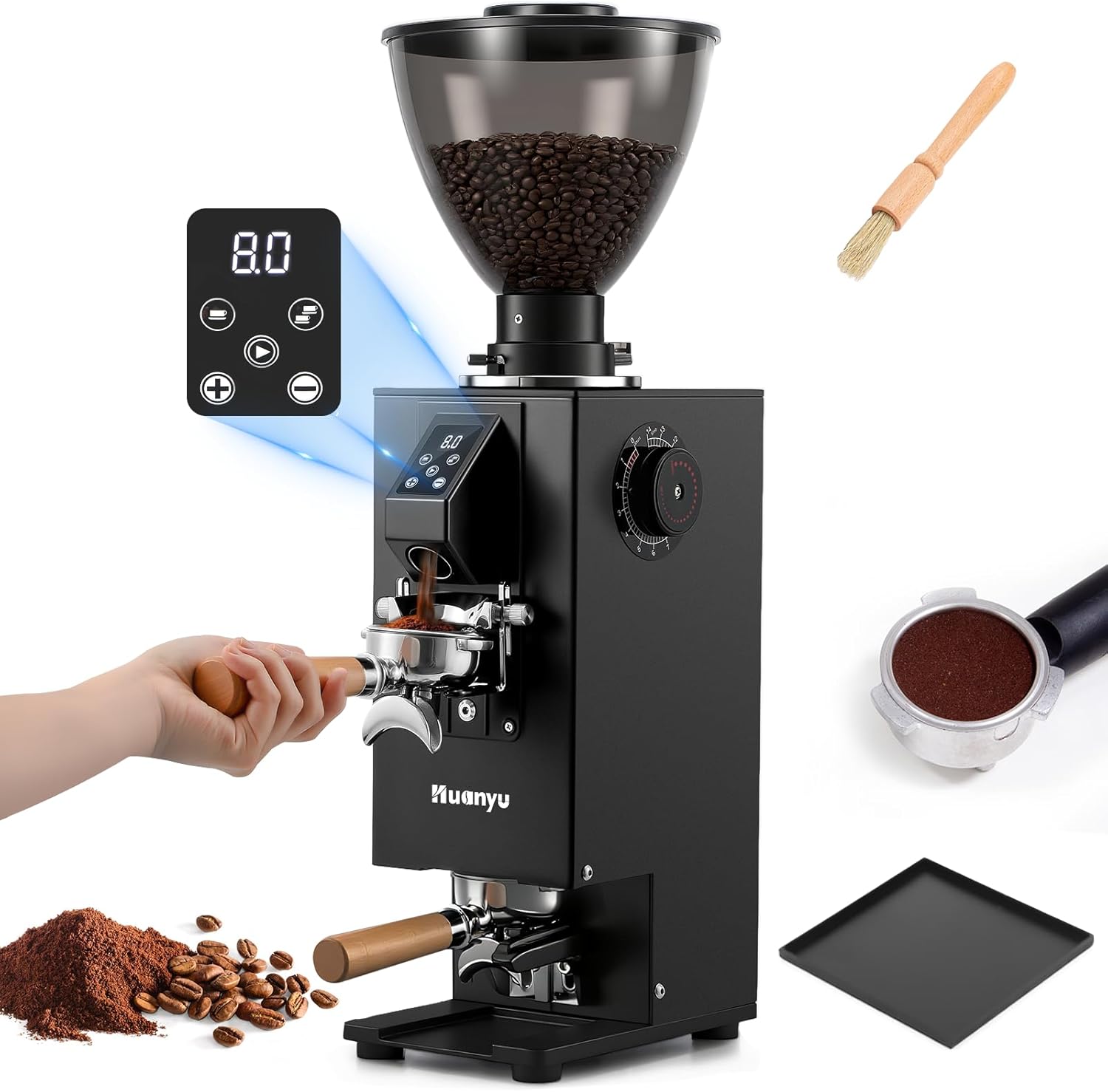 Huanyu Commercial Coffee Grinder, Built-In 58mm Auto Tamper, 64mm Flat Burr, Anti-Flying Grounds Outlet, 35OZ Hopper, 14 Grinding Settings, Smart Buttons for Cafés