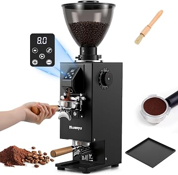 Huanyu Commercial Coffee Grinder, Built-In 58mm Auto Tamper, 64mm Flat Burr, Anti-Flying Grounds Outlet, 35OZ Hopper, 14 Grinding Settings, Smart Buttons for Cafes