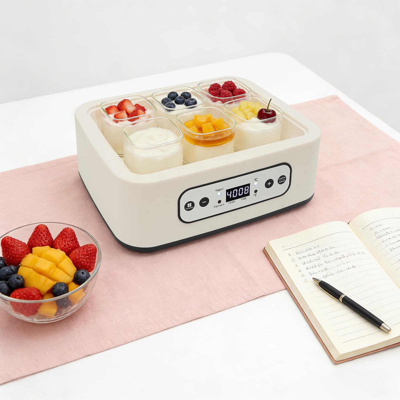 Yogurtera automática de 25 W con tapa, incluye 6 recipientes de cristal de 250 ml para hasta 1,5 l de yogur, yogurt con temperatura 21 – 48 °C