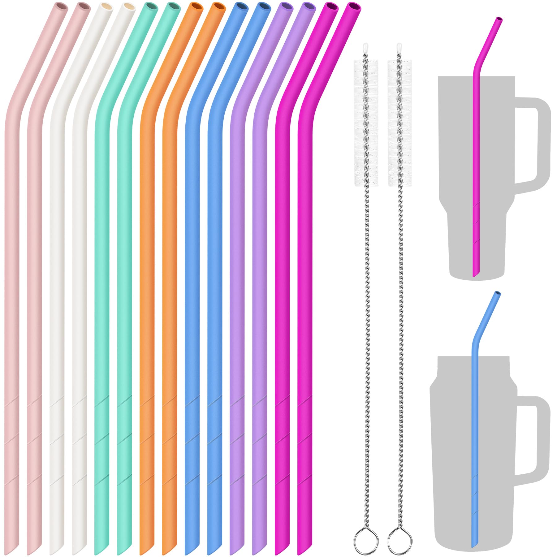 NiHome 14PCS Silicone Straws for Stanley 40oz 30oz Tumbler, 14” Extra Long Reusable Drinking Straw, Flexible Can Cut Length for 1/Half Gallon 75 64 OZ