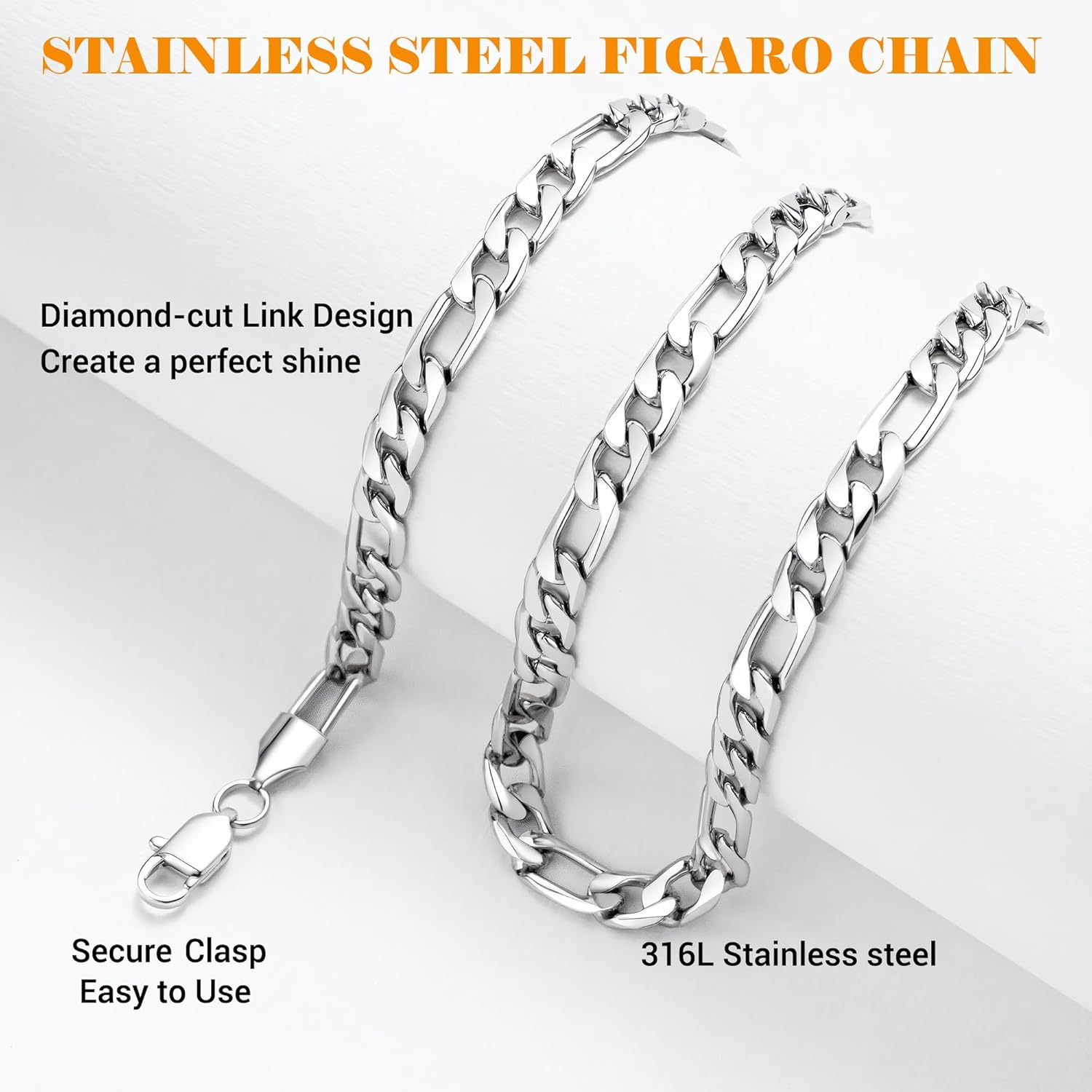 5mm/7mm Silver Stainless Steel Diamond Cut Figaro Chain Necklace Jewelry Gift for Men