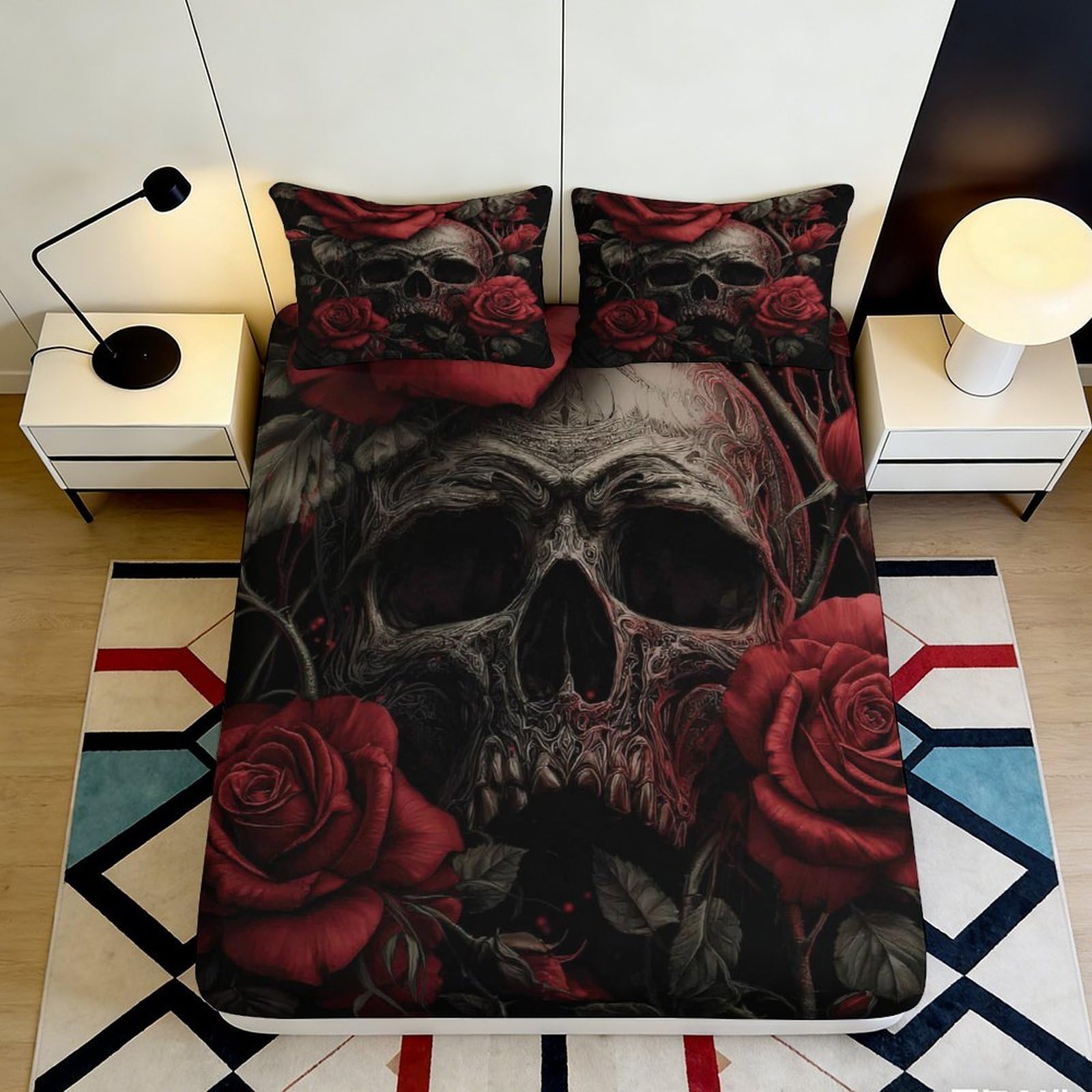 3D Printed Skull Rose Fitted Sheet Microfiber Deep Pocket Gothic Red Flower Mattress Cover for Bedroom Dorm Decor 200x200x25cm