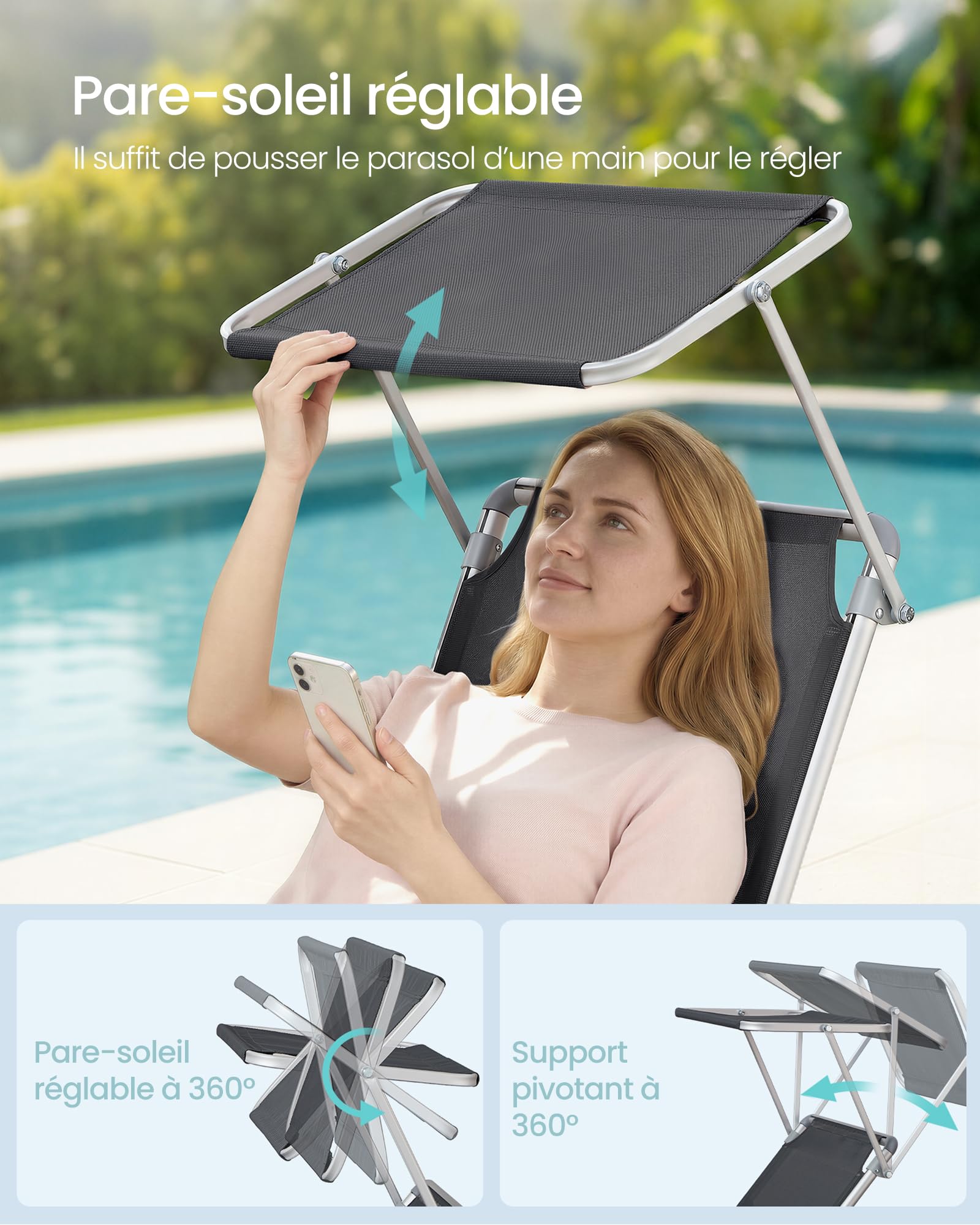 SONGMICS Bain de Soleil, Chaise Longue Pliable, Transat, 193 x 55 x 31 cm, Capacité de Charge 150 kg, avec Pare-soleil et Dossier Inclinable, pour Jardin, Piscine, Terrasse, Gris Foncé GCB19GYV1