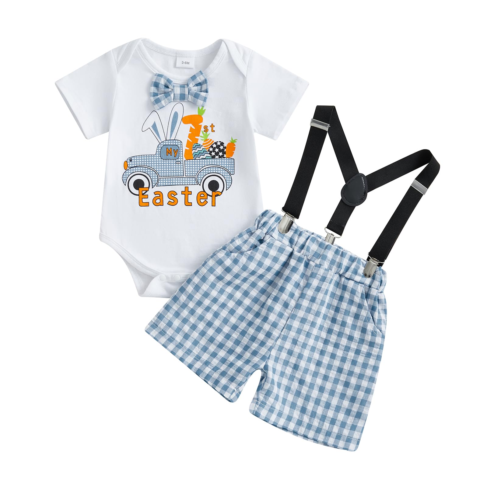 Infant Baby Boy Easter Outfit Car Letter Print Short Sleeve Romper Plaid Suspender Shorts Set 2Pcs Summer Clothes (Blue, 3-6 Months)