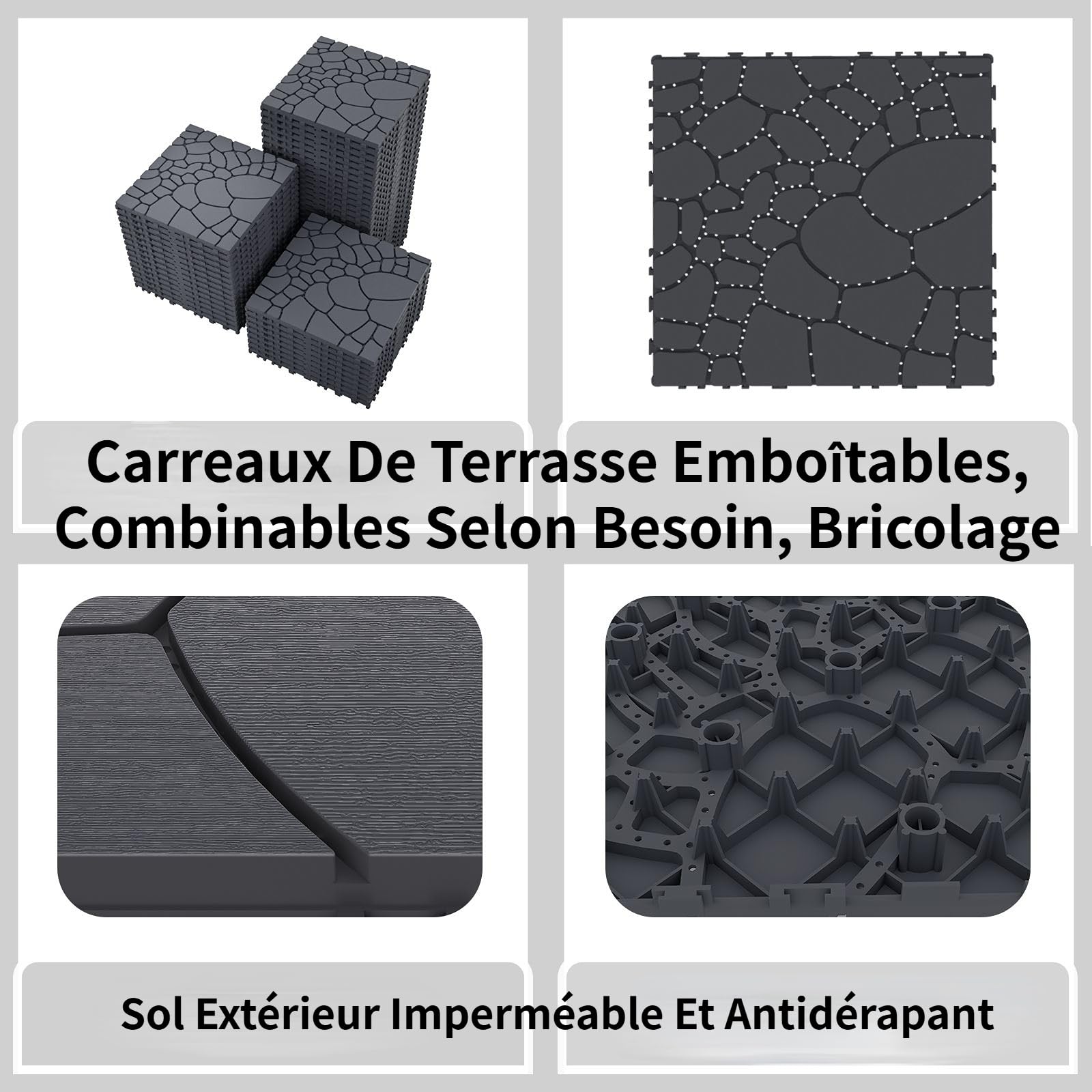 9 Pièces (30 x 30 cm – 0,81 m²) Dalles de Terrasse Extérieure Clipsables, Caillebotis Plastique Antidérapant à Drainage Rapide pour Jardin, Piscine, Balcon(Lot de 9-Gris Foncé（STW))