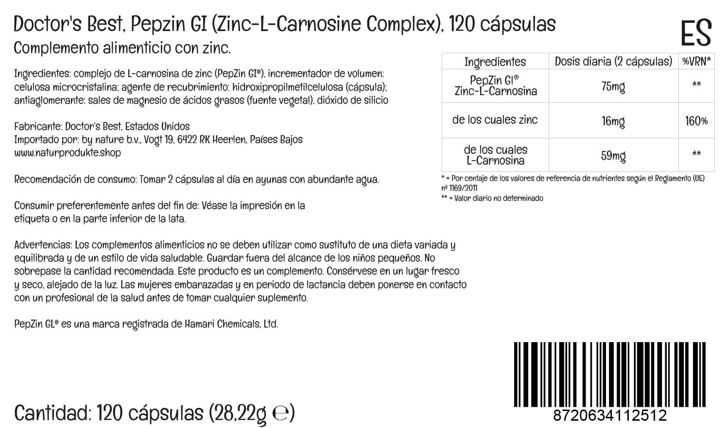 Doctor's Best, PepZinGl, Zinc-L-Carnosine Complex, 120 Cápsulas veganas, Probado en Laboratorio, Minerales, Sin Gluten, Sin Soja, Vegetariano