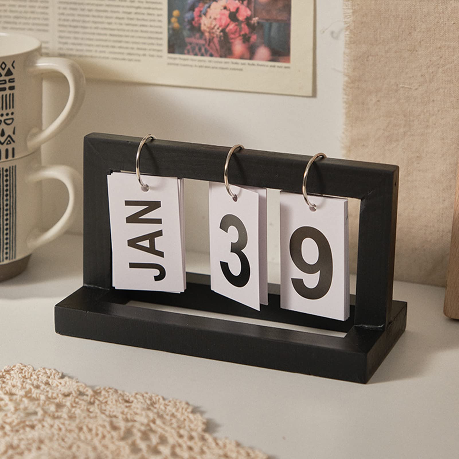 Calendrier de table en bois 2026 Calendrier de l'Avent, 20 x 9 x 12 cm Décoration pour bureau, maison et table (noir)