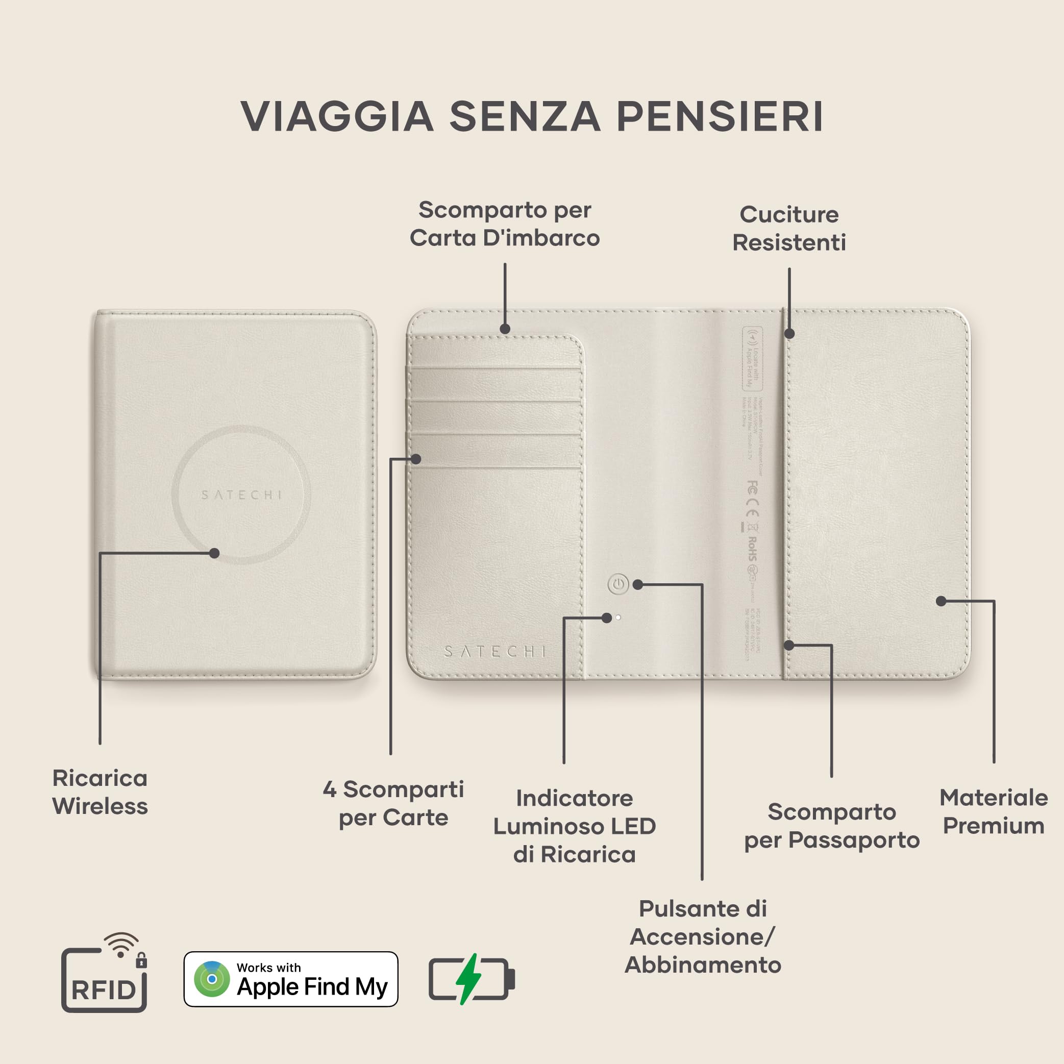 Satechi FindAll Custodia Passaporto da Viaggio con Find My con 4 Slot per Carte, Ricarica Wireless e Protezione RFID, Compatibile con App iOS Dov’è, Materiale Premium PU – Beige