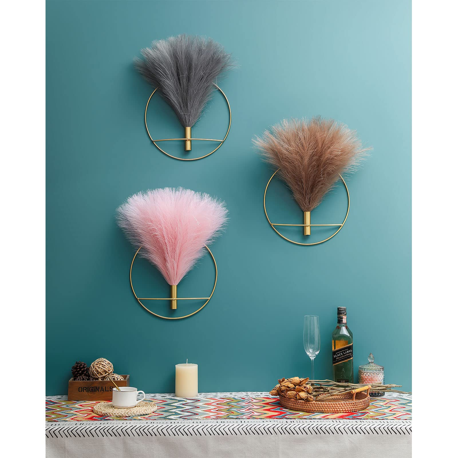 Pretty Jolly Decoración de pared bohemia, decoración de pared de metal grande, exhibición de pampas artificiales colgantes, arte de pared para sala de estar, dormitorio, baño, comedor, paquete de 2