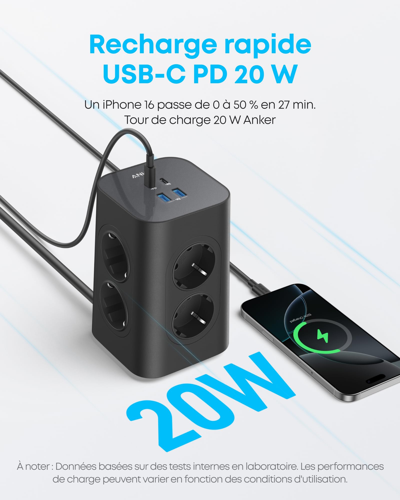 Anker Multiprise avec Interrupteur, Tour de Charge 12 en 1 | Charge USB C Rapide 20W, 8 Prises Ca, 4 Ports USB, Câble d'extension de 2 m, pour le Bureau, la Maison, le Jeu