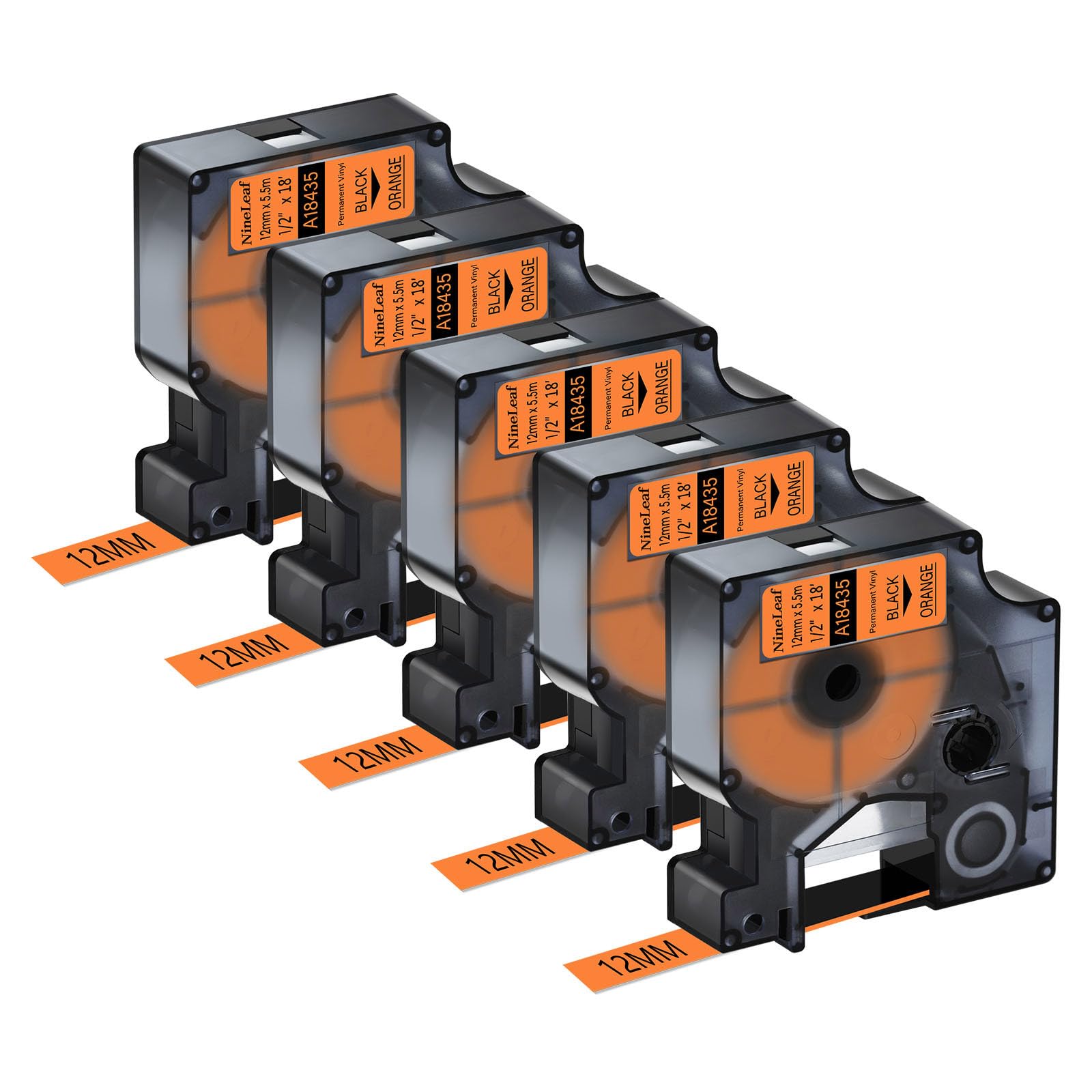 NineLeaf 5 Pack Compatible with DYMO Rhino 18435 Industrial Permanent Vinyl Labels Black on Orange 12mm x 5.5m Self-Adhesive Label Tape for DYMO Rhino 1000 3000 4200 5000 5200 6000 Label Maker