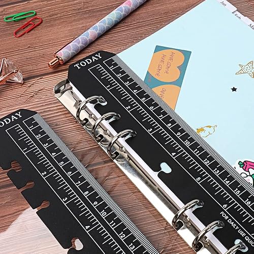 Miniatura 5 de Paquete de 10 reglas de plástico negras de 8 pulgadas para carpeta de planificación A5 de 6 agujeros, regla marcapáginas a presión, marcador de