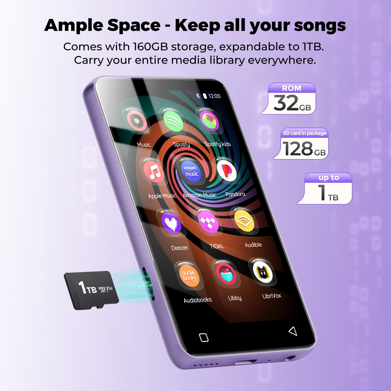 Innioasis Lecteur MP3 160 Go avec Bluetooth et WiFi, Lecteur de Musique Android avec Spotify, Amazon Music,Lecteur MP3 à écran Tactile Complet de 4 Pouces avec Audible, Libby (Violet)