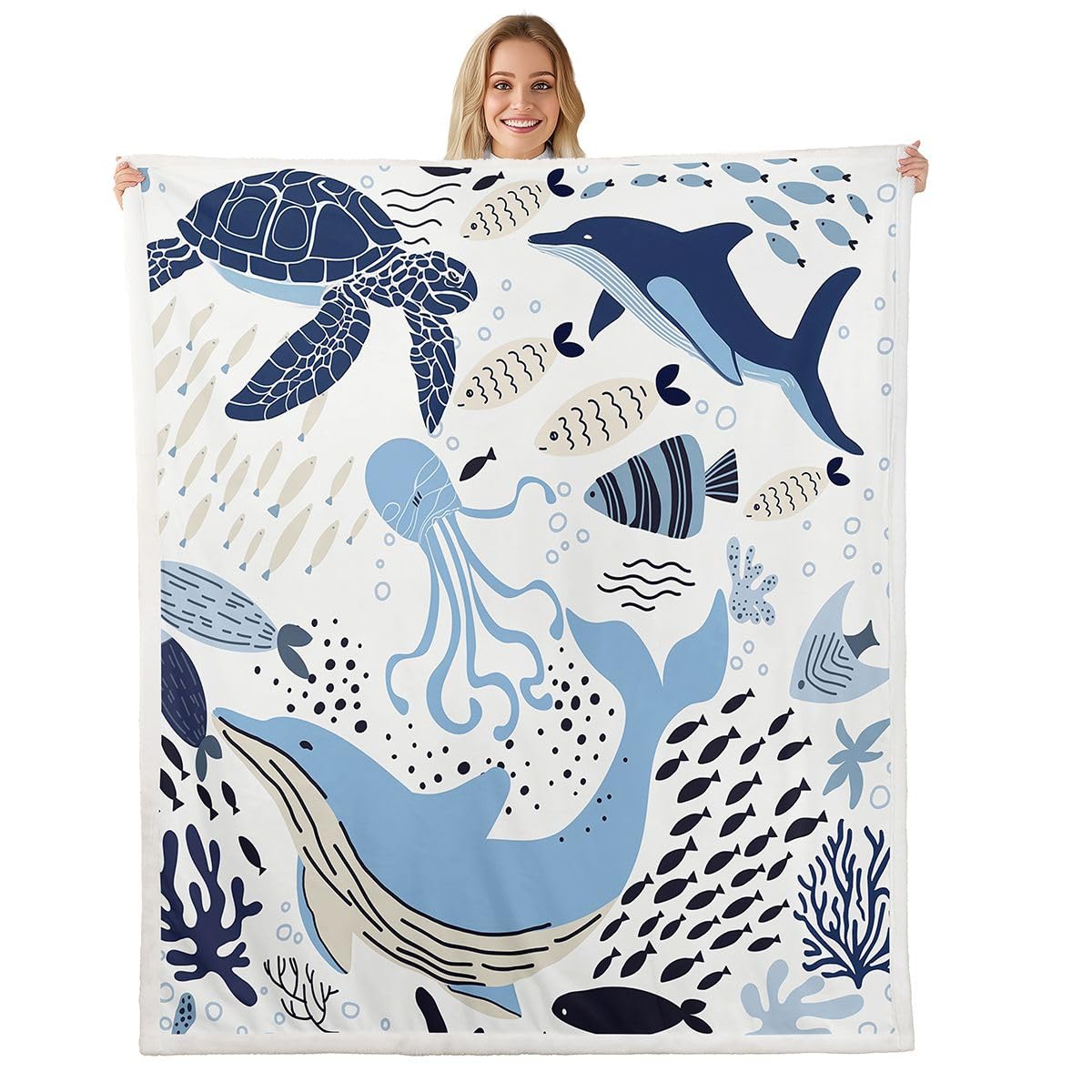 Erosebridal Turtle Blanket White Blue Whale Decor Teen Fleece Blanket,Octopus Pattern Ocean Theme Sherpa Throw Blanket Underwater Children Bedroom