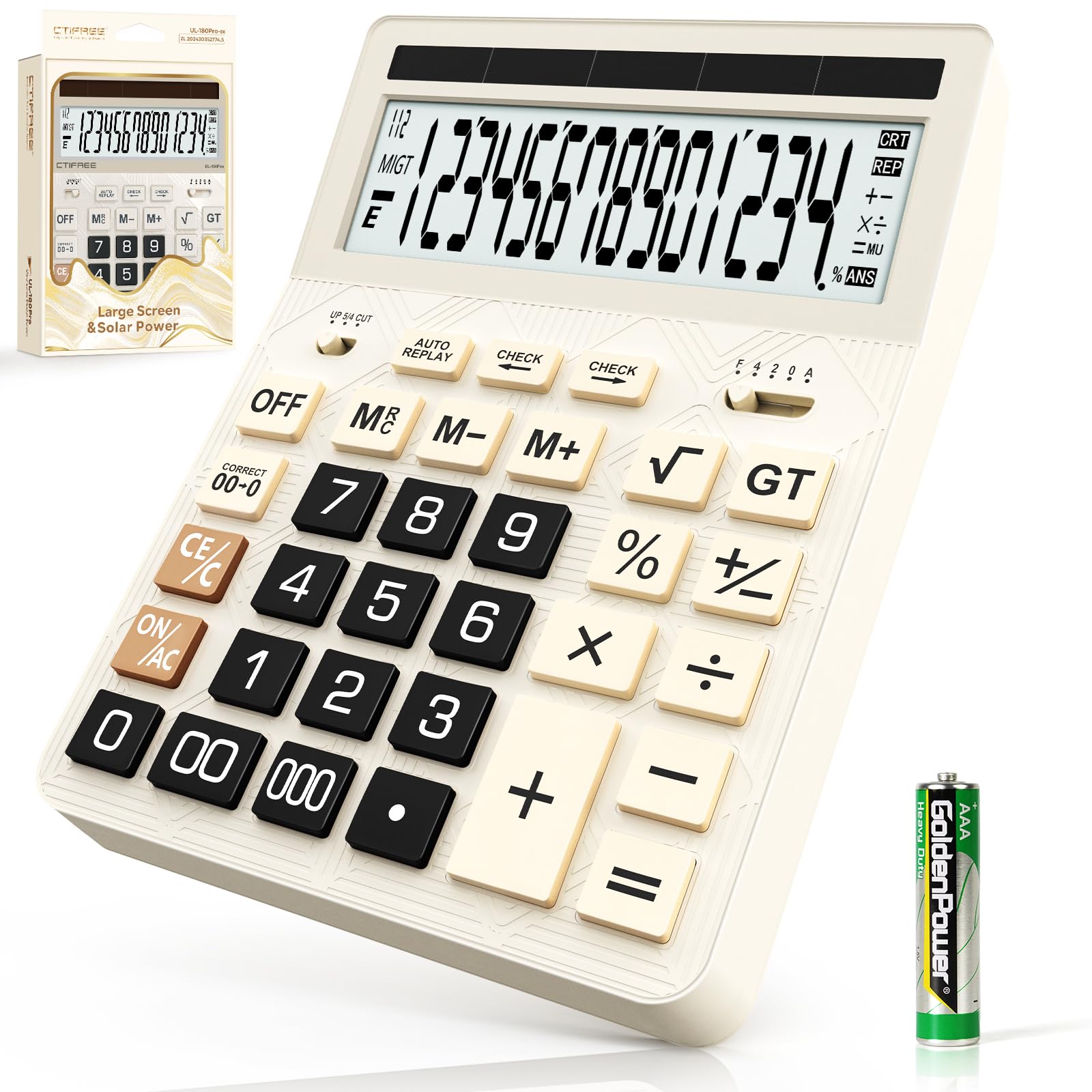 Calculators Desktop, 2026 Upgrade 14 Digit Large Size Calculator with 5-Inch LCD Display and Solar Power, Office Calculator for Desk (White)