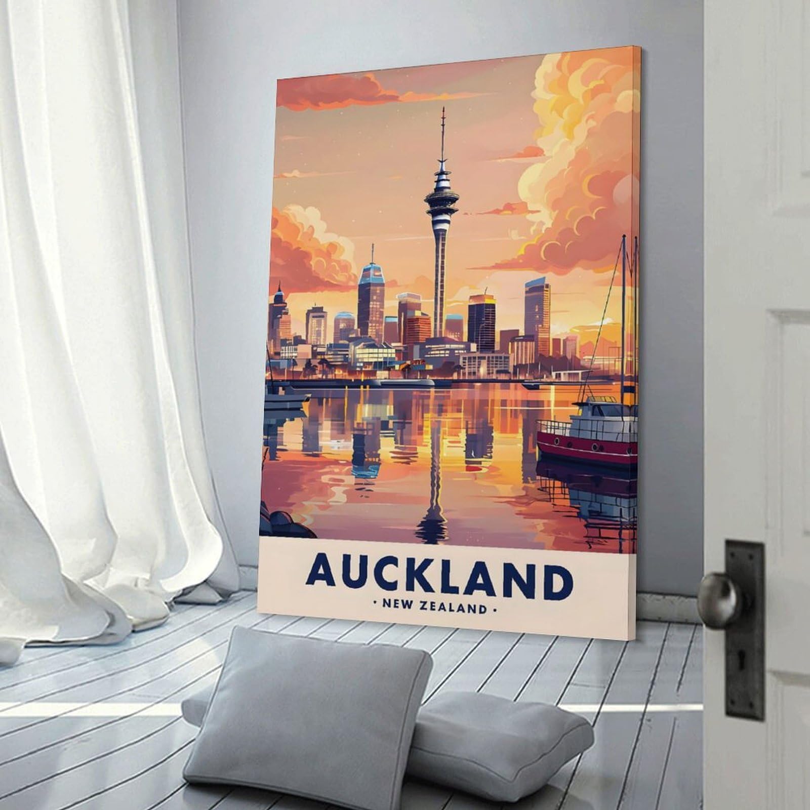 Junmoney Canvas Art Print Auckland New Zealand Cityscape, 20x30inch(50x75cm), for Calm Bedrooms, Home Corners Or Flats, A Warm Accent for Relaxed Interiors