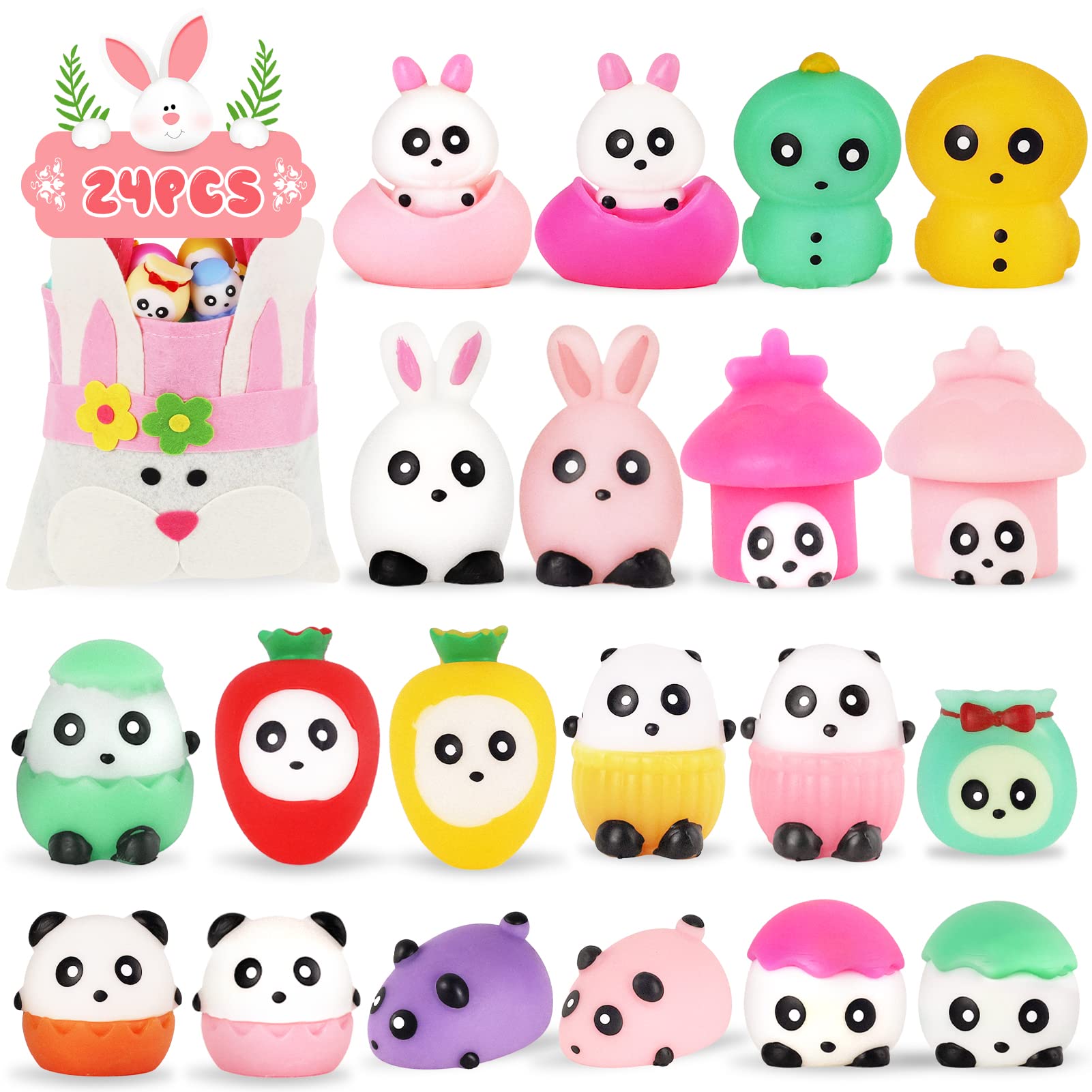 NPETDesign 24Pcs Easter Mochi Squishy Toys & Bunny Bag Easter Egg Fillers Easter Squishies Party Favors Easter Gifts for Kids Easter Basket Stuffers Mochi Squishies Easter Toys Bulk Kids Boys Girls