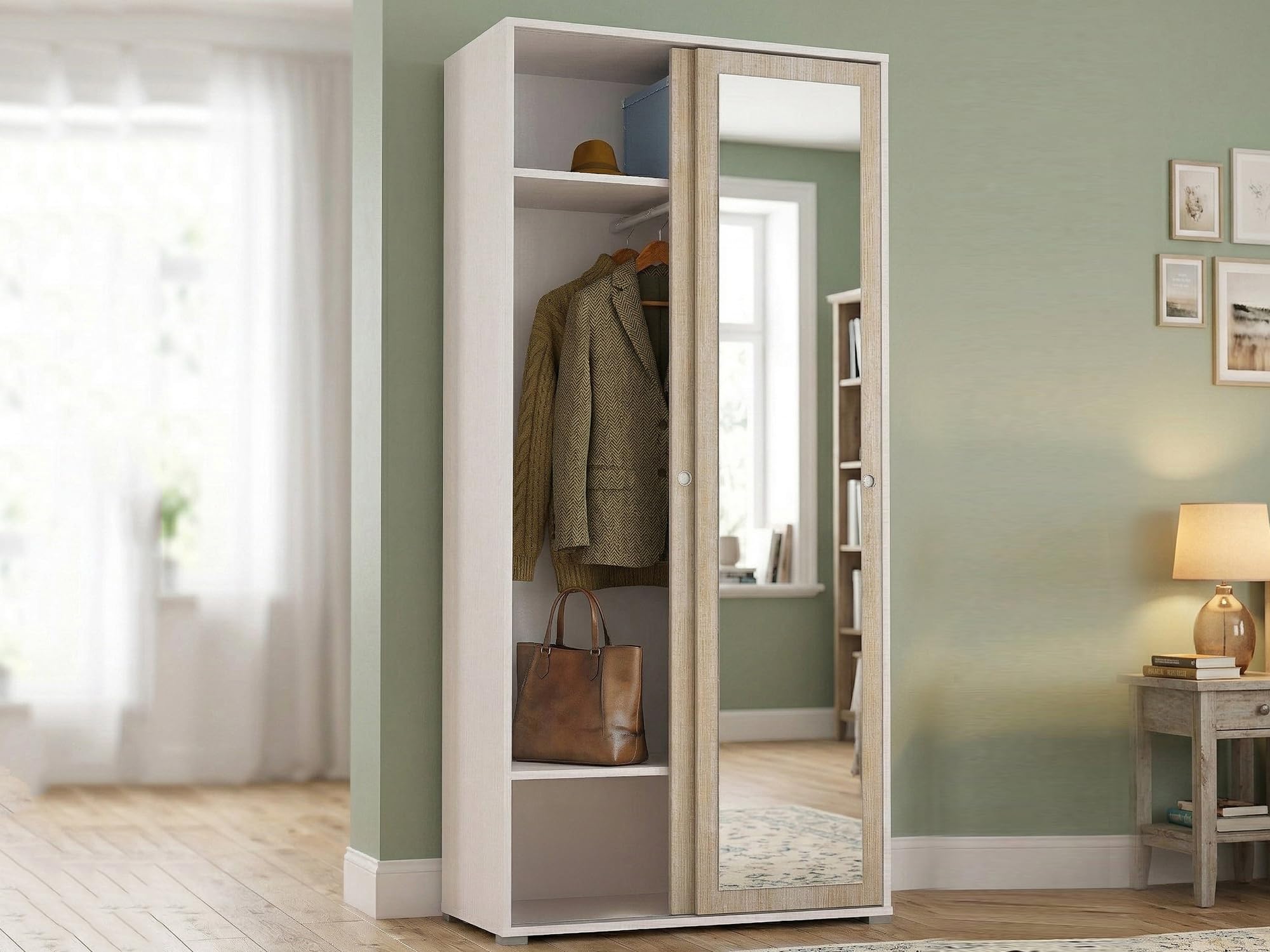 Dmora Guardaroba 2 Ante Tulipano 45x195h cm Marrone Rovere 2 Ripiani Appendiabiti, Armadio Camera da Letto Apertura Scorrevole Made in Italy