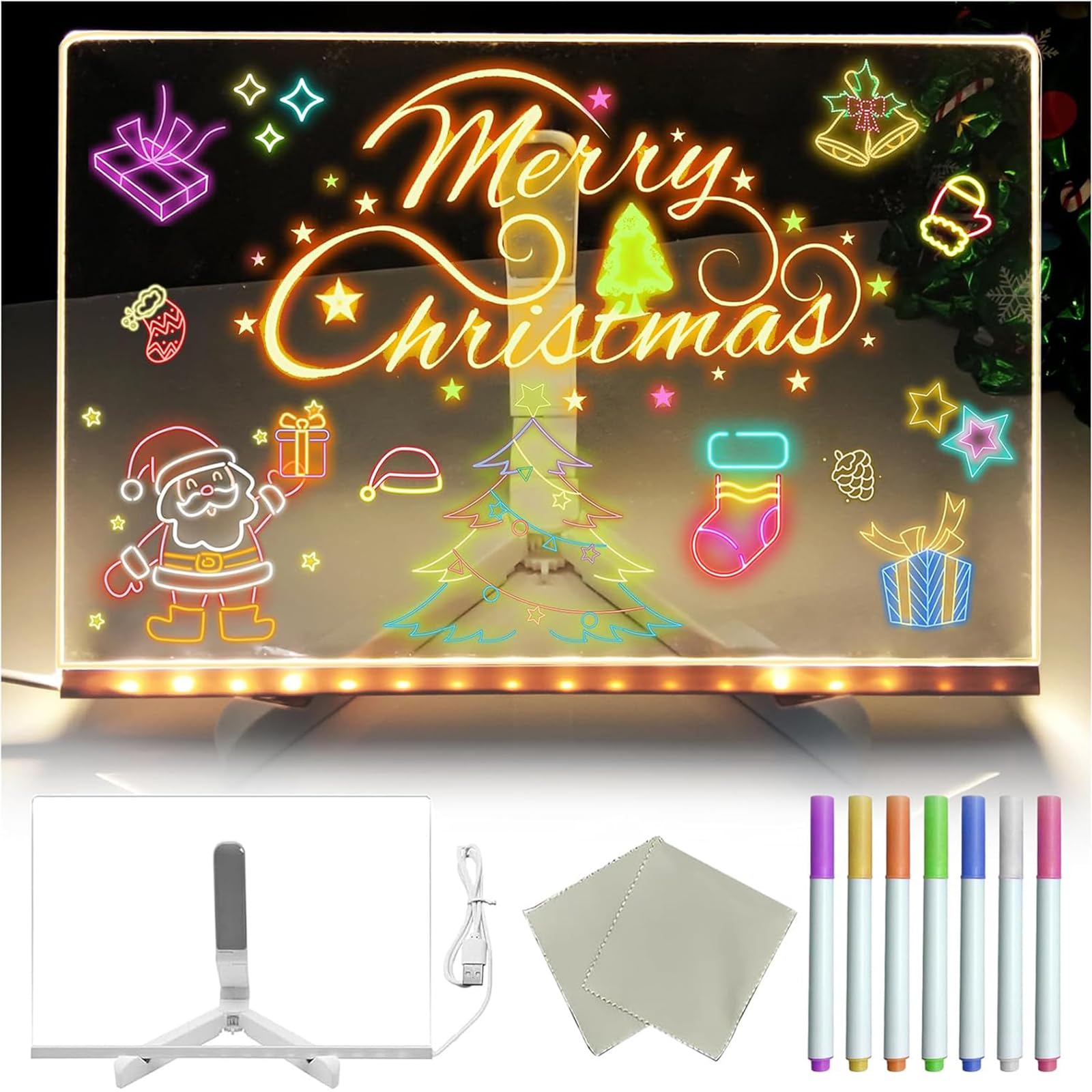 Tableau de Notes LED avec Couleurs, Tableau de Message Lumineux en Acrylique 7 Couleurs avec Stylet/Support, Tableau de Dessin et Écriture LED pour Enfants, Tableau de Gribouillage Artistique pour