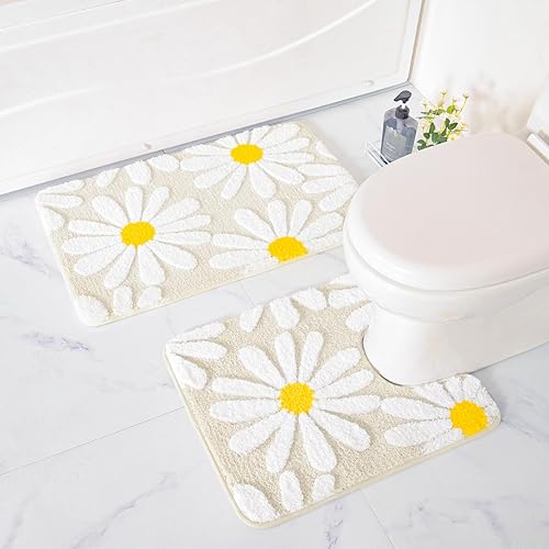 Miniatura 6 de QJHOMO Alfombras de inodoro en forma de U, tapete de baño beige con bonito contorno de margaritas, grueso y suave, lavable a máquina, tapetes de