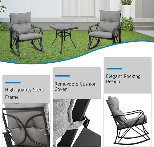 Miniatura 5 de HOMPUS Juego de 3 sillas mecedoras para exteriores, juego de muebles de mimbre para patio, marco de metal, juego de rocas para patio, con cojines