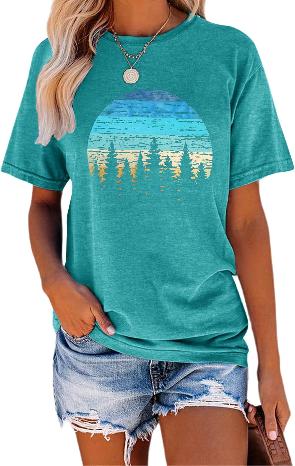 GEMLON Womens Graphic Tees Hiking Camping Shirts Vintage Sunset Graphic T Shirts Summer Casual Short Sleeve Shirt