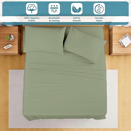 Miniatura 2 de Juego de sábanas de 4 piezas, tamaño individual extra largo, color salvia, sólido, 100% algodón egipcio, sábanas refrescantes de 600 hilos, bolsillo