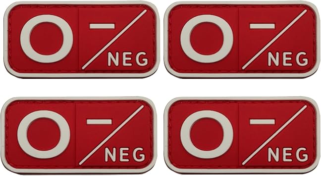 Blood Type PVC Patches, O- Negative, Hook and Loop Fastener Backing, 1.97 x 0.98 Inch, Red and White, 4-Pack