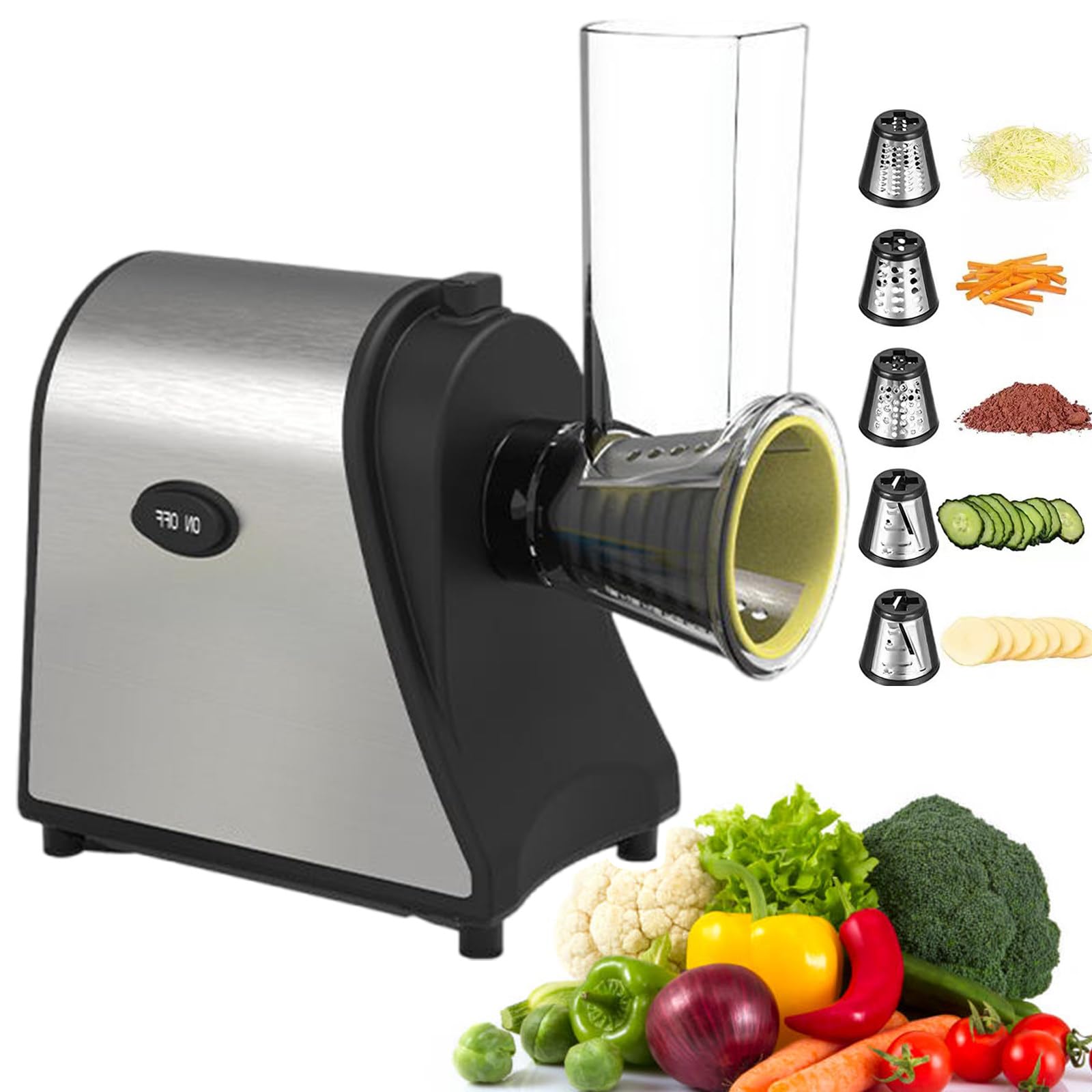Rallador Queso Eléctrico,Cortador Verduras Eléctrico 5 En 1,con 5 Cuchillas,para Calabacín,Queso,Verduras,Control Fácil con Un Solo Toque,con Cuatro Almohadillas Antideslizantes