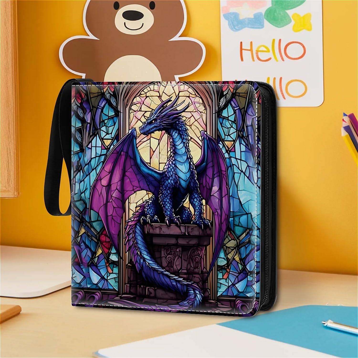 Card Binder 900 Pockets, 50 Sleeves Large Binder Trading Cards Holder 9 Pocket, Storage Organizer, Album Folder Case Protector Collector Gift Stained Glass Blue Purple Diamond Dragon
