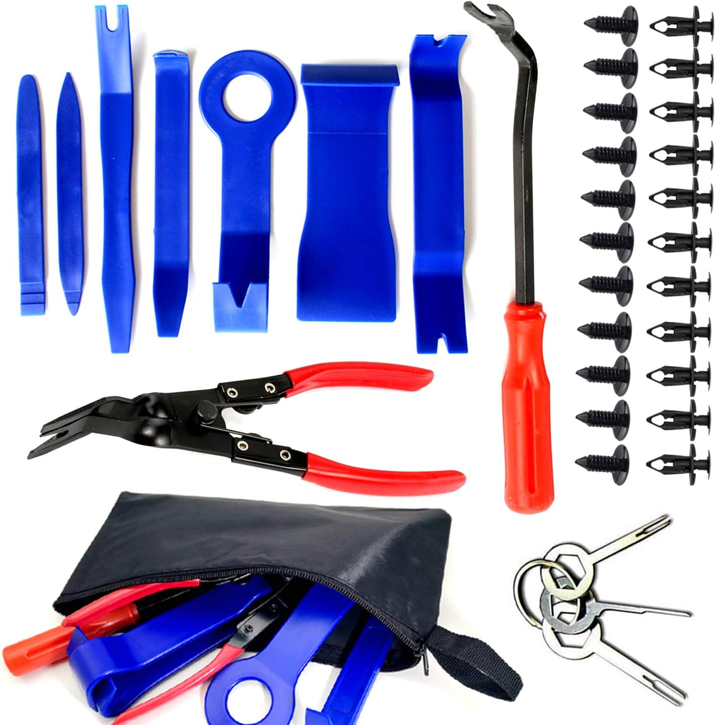 Auto Trim Removal Tool Set -12PC Car Scratch Remover Nylon Auto Upholstery Trim Tools Clip Pliers & Fastener Remover for Door Trim and 40PC Nylon Universal Fastener Rivet Clips