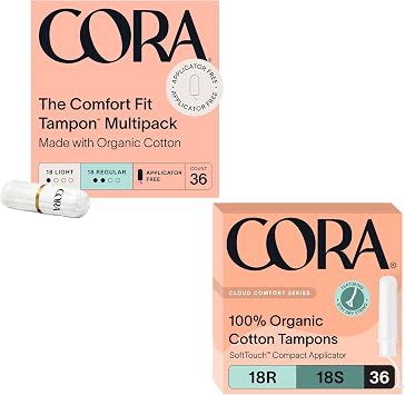 Cora Organic Feminine Care | Non-Applicator and Applicator Tampon Packs | Ultra-Absorbent, Unscented, Natural, Non-Toxic | 72 Total | Bundle Pack