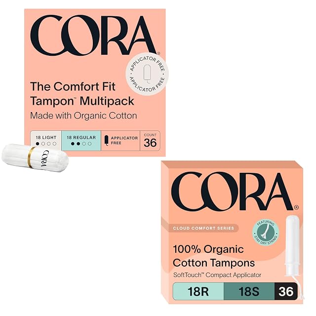 Cora Organic Feminine Care Non-Applicator and Applicator Tampon Packs Ultra-Absorbent Unscented Natural Non-Toxic 72 Total Bundle Pack