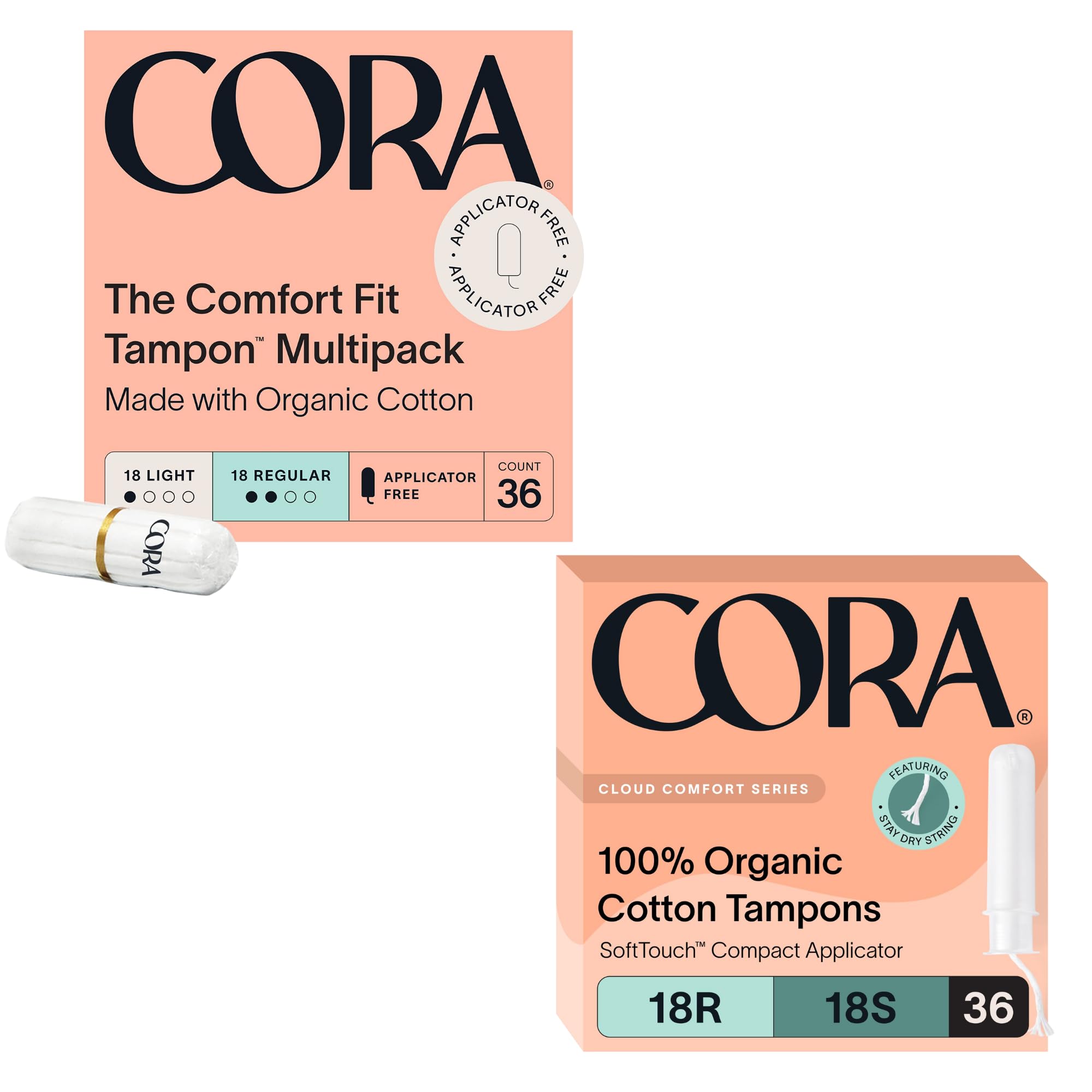 Cora Organic Feminine Care Non-Applicator and Applicator Tampon Packs Ultra-Absorbent Unscented Natural Non-Toxic 72 Total Bundle Pack