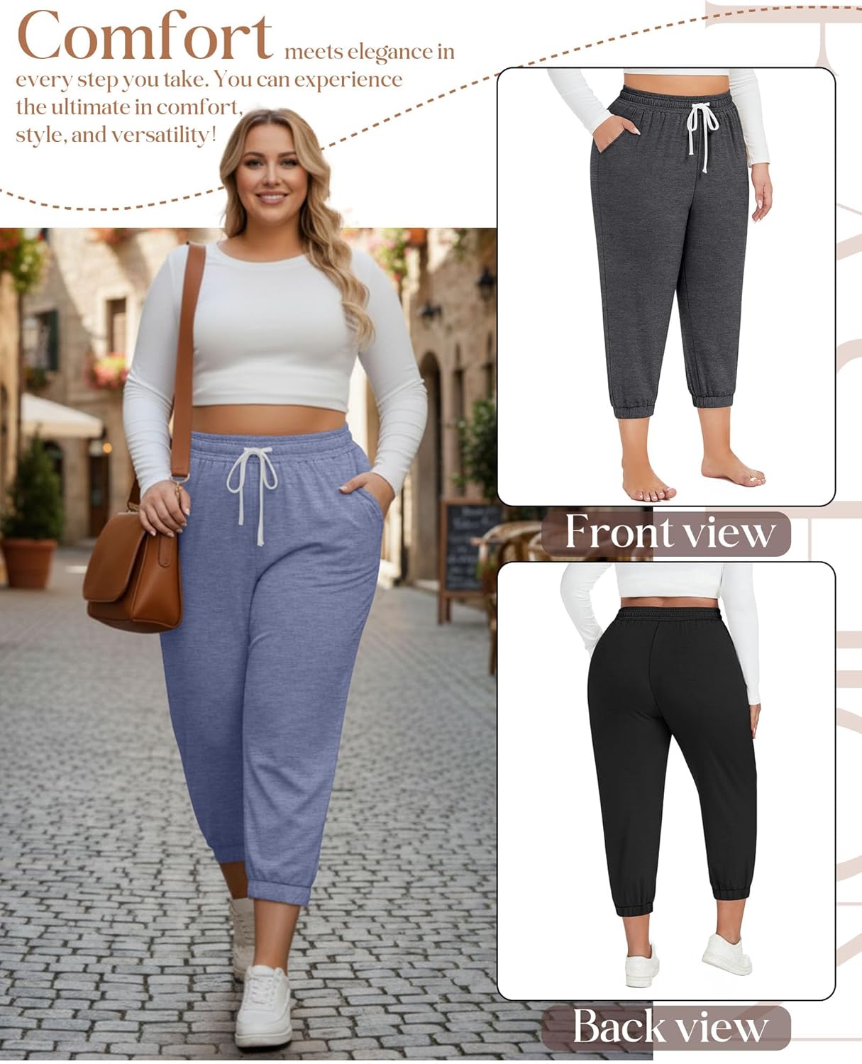 Ficerd 3 Pack Women's Plus Size Capri Sweatpants Cotton Drawstring Joggers Cropped Athletic Lounge Pants with Pockets