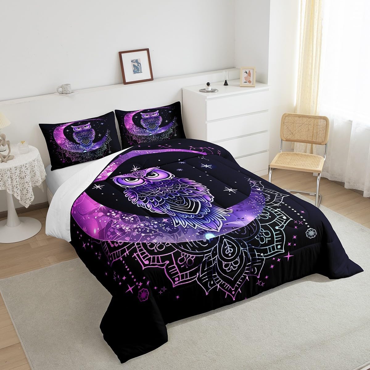 Castle Fairy Teens Purple Owl Comforter Set Queen Size,Boho Dreamcatcher Bedding Set for Kids Boys Girls Bedroom Decoration,Stars Moon Bed Duvet Insert,Galaxy Comforter with 2 Pillowcases