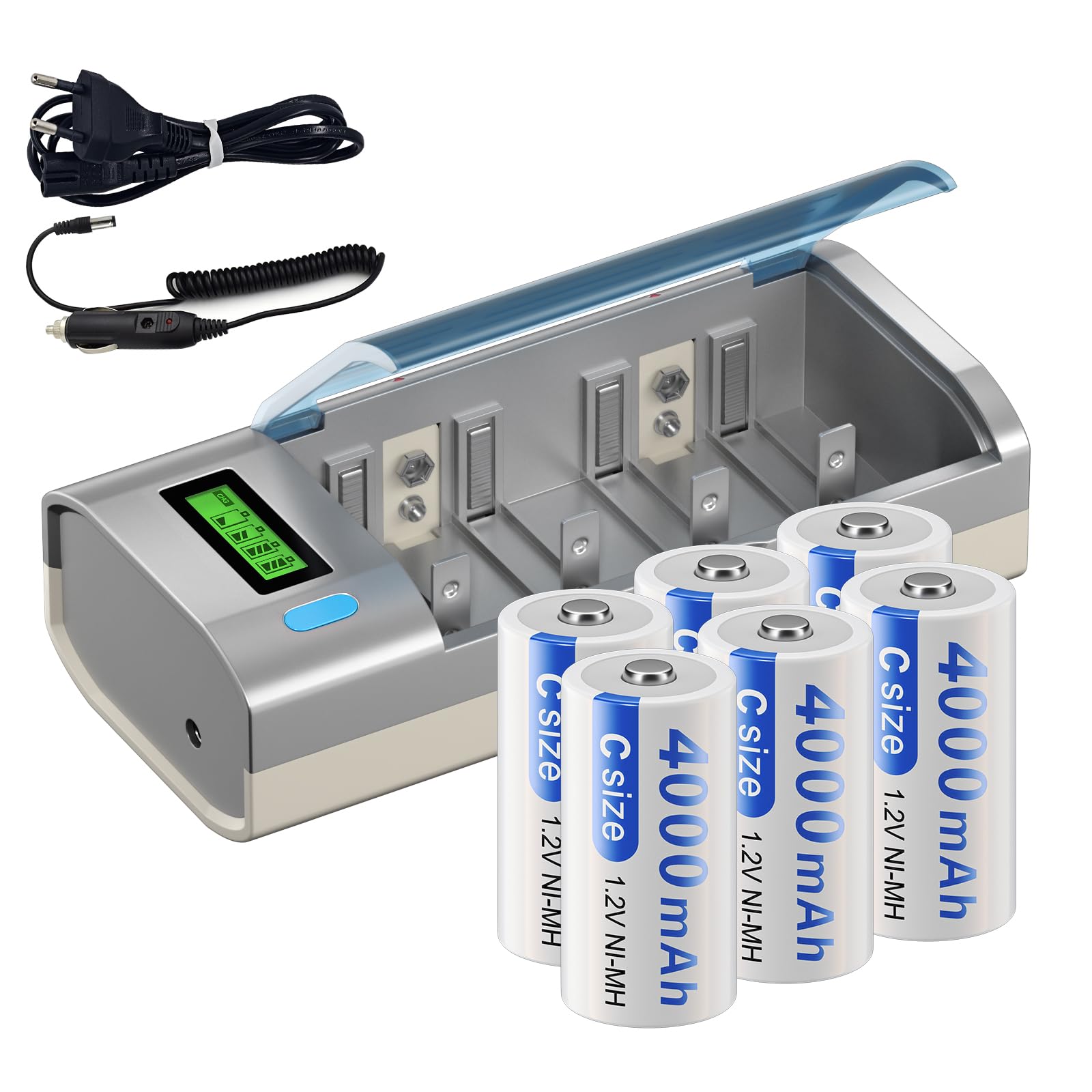 Batterie Baby C Rechargeable avec Chargeur de Batterie Universel, 6 pièces 4000mAh, Piles C Rechargeables avec Chargeur de Batterie LCD pour Batteries AA/AAA/C/D NI-MH (Charger+6C/LR14)